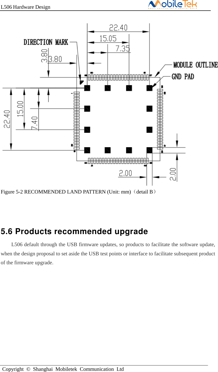 L506 Hardware DesignCopyright  ©  Shanghai  Mobiletek  Communication  LtdFigure 5-2 RECOMMENDED LAND PATTERN (Unit: mm)（detail B） 5.6 Products recommended upgrade L506 default through the USB firmware updates, so products to facilitate the software update, when the design proposal to set aside the USB test points or interface to facilitate subsequent product of the firmware upgrade. 