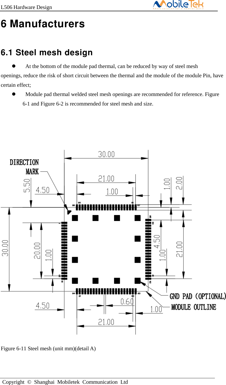 L506 Hardware DesignCopyright  ©  Shanghai  Mobiletek  Communication  Ltd6 Manufacturers 6.1 Steel mesh design At the bottom of the module pad thermal, can be reduced by way of steel meshopenings, reduce the risk of short circuit between the thermal and the module of the module Pin, have certain effect; Module pad thermal welded steel mesh openings are recommended for reference. Figure6-1 and Figure 6-2 is recommended for steel mesh and size.   Figure 6-11 Steel mesh (unit mm)(detail A) 