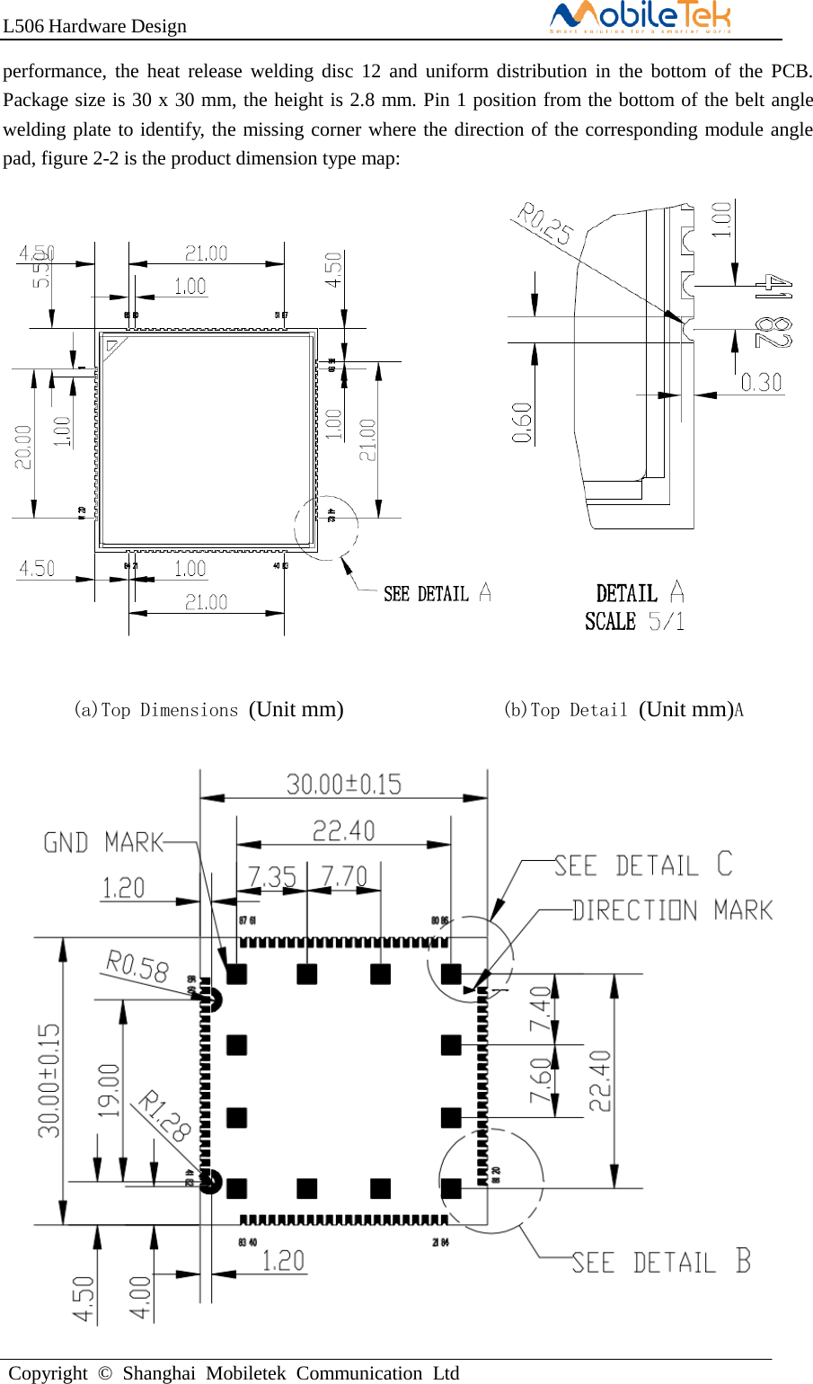 L506 Hardware DesignCopyright  ©  Shanghai  Mobiletek  Communication  Ltd  performance, the  heat  release welding disc  12  and uniform distribution in  the bottom of the  PCB. Package size is 30 x 30 mm, the height is 2.8 mm. Pin 1 position from the bottom of the belt angle welding plate to identify, the missing corner where the direction of the corresponding module angle pad, figure 2-2 is the product dimension type map: (a)Top Dimensions (Unit mm)       (b)Top Detail (Unit mm)A 