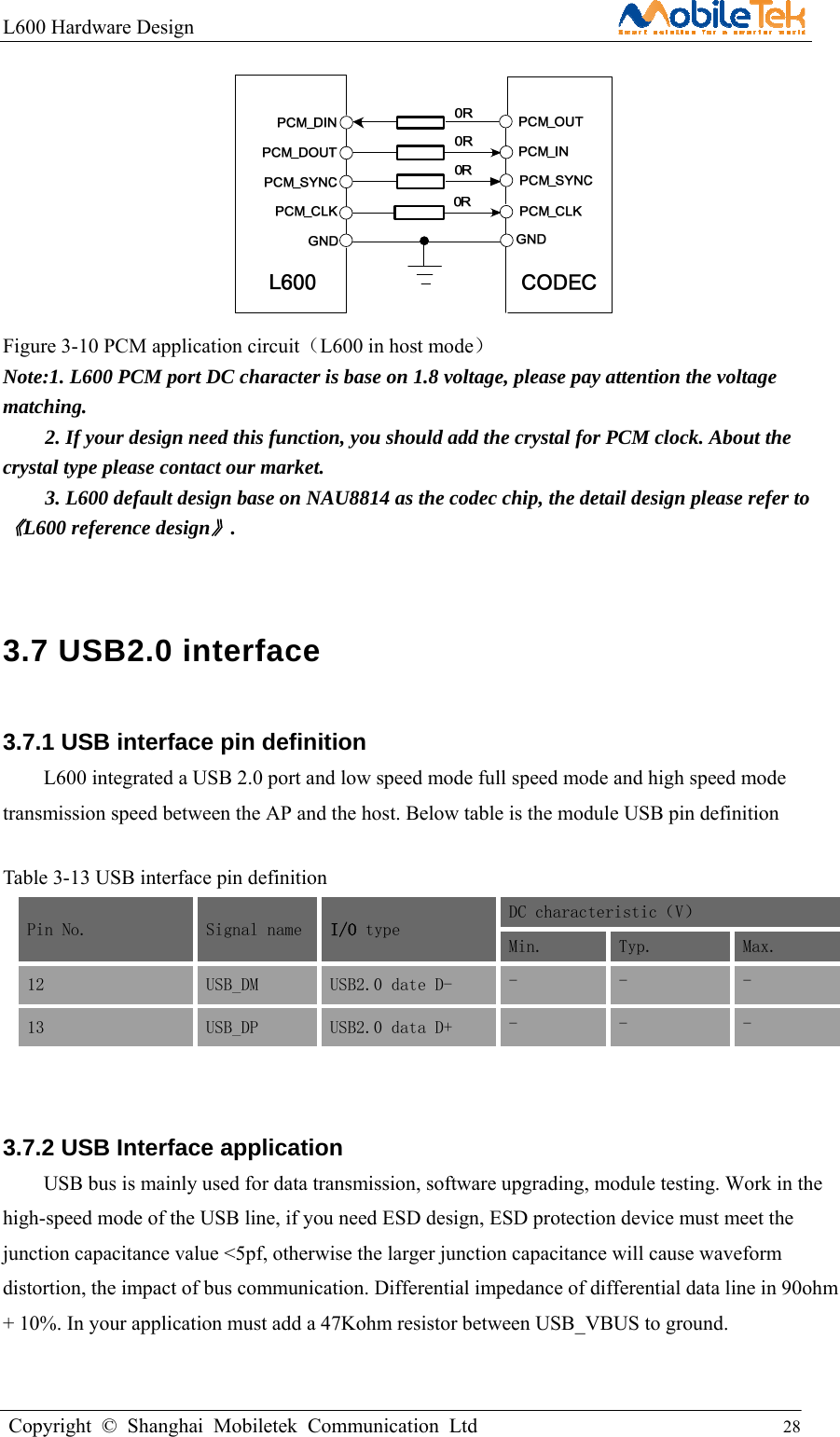 L600 Hardware Design                                                    Copyright © Shanghai Mobiletek Communication Ltd                                          28          Figure 3-10 PCM application circuit（L600 in host mode） Note:1. L600 PCM port DC character is base on 1.8 voltage, please pay attention the voltage matching. 2. If your design need this function, you should add the crystal for PCM clock. About the crystal type please contact our market. 3. L600 default design base on NAU8814 as the codec chip, the detail design please refer to 《L600 reference design》.  3.7 USB2.0 interface   3.7.1 USB interface pin definition   L600 integrated a USB 2.0 port and low speed mode full speed mode and high speed mode transmission speed between the AP and the host. Below table is the module USB pin definition      Table 3-13 USB interface pin definition   Pin No. Signal name  I/O type  DC characteristic（V） Min.  Typ.  Max. 12 USB_DM  USB2.0 date D-  -  -  - 13 USB_DP  USB2.0 data D+  -  -  -  3.7.2 USB Interface application   USB bus is mainly used for data transmission, software upgrading, module testing. Work in the high-speed mode of the USB line, if you need ESD design, ESD protection device must meet the junction capacitance value &lt;5pf, otherwise the larger junction capacitance will cause waveform distortion, the impact of bus communication. Differential impedance of differential data line in 90ohm + 10%. In your application must add a 47Kohm resistor between USB_VBUS to ground. 