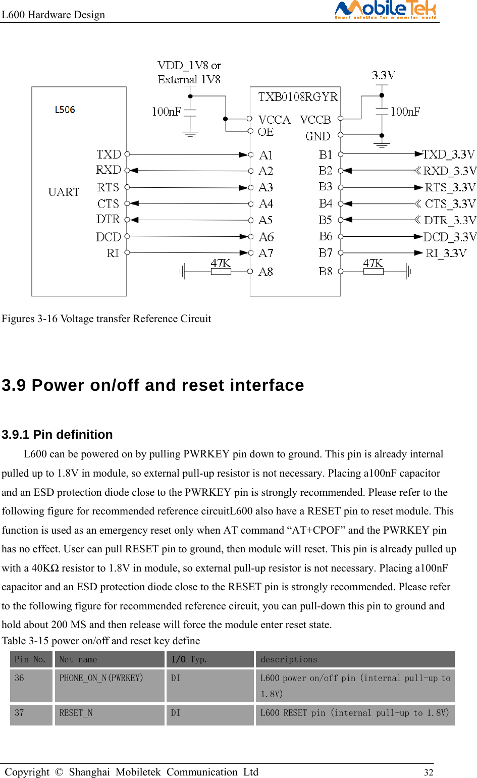 L600 Hardware Design                                                    Copyright © Shanghai Mobiletek Communication Ltd                                          32           Figures 3-16 Voltage transfer Reference Circuit  3.9 Power on/off and reset interface 3.9.1 Pin definition   L600 can be powered on by pulling PWRKEY pin down to ground. This pin is already internal pulled up to 1.8V in module, so external pull-up resistor is not necessary. Placing a100nF capacitor and an ESD protection diode close to the PWRKEY pin is strongly recommended. Please refer to the following figure for recommended reference circuitL600 also have a RESET pin to reset module. This function is used as an emergency reset only when AT command “AT+CPOF” and the PWRKEY pin has no effect. User can pull RESET pin to ground, then module will reset. This pin is already pulled up with a 40KΩ resistor to 1.8V in module, so external pull-up resistor is not necessary. Placing a100nF capacitor and an ESD protection diode close to the RESET pin is strongly recommended. Please refer to the following figure for recommended reference circuit, you can pull-down this pin to ground and hold about 200 MS and then release will force the module enter reset state. Table 3-15 power on/off and reset key define Pin No. Net name  I/O Typ.  descriptions 36 PHONE_ON_N(PWRKEY)  DI   L600 power on/off pin (internal pull-up to 1.8V) 37 RESET_N  DI  L600 RESET pin (internal pull-up to 1.8V)