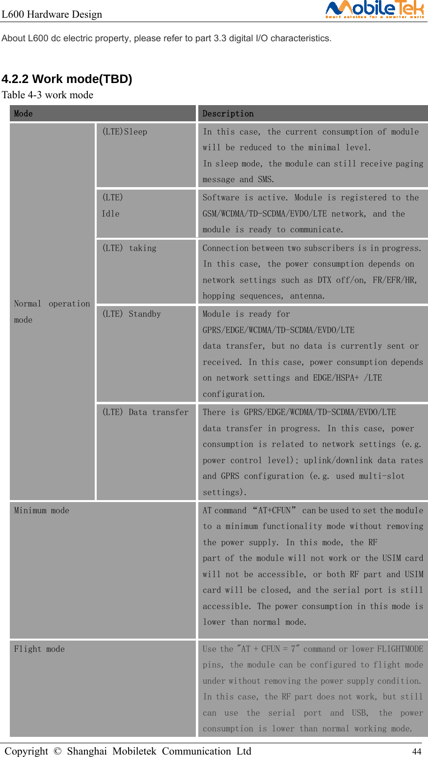 L600 Hardware Design                                                    Copyright © Shanghai Mobiletek Communication Ltd                                          44         About L600 dc electric property, please refer to part 3.3 digital I/O characteristics. 4.2.2 Work mode(TBD) Table 4-3 work mode Mode   Description Normal  operation mode (LTE)Sleep  In this case, the current consumption of module will be reduced to the minimal level. In sleep mode, the module can still receive paging message and SMS. (LTE) Idle Software is active. Module is registered to the GSM/WCDMA/TD-SCDMA/EVDO/LTE network, and the module is ready to communicate. (LTE) taking  Connection between two subscribers is in progress. In this case, the power consumption depends on network settings such as DTX off/on, FR/EFR/HR, hopping sequences, antenna. (LTE) Standby  Module is ready for GPRS/EDGE/WCDMA/TD-SCDMA/EVDO/LTE data transfer, but no data is currently sent or received. In this case, power consumption depends on network settings and EDGE/HSPA+ /LTE configuration. (LTE) Data transfer There is GPRS/EDGE/WCDMA/TD-SCDMA/EVDO/LTE data transfer in progress. In this case, power consumption is related to network settings (e.g. power control level); uplink/downlink data rates and GPRS configuration (e.g. used multi-slot settings). Minimum mode  AT command “AT+CFUN” can be used to set the module to a minimum functionality mode without removing the power supply. In this mode, the RF part of the module will not work or the USIM card will not be accessible, or both RF part and USIM card will be closed, and the serial port is still accessible. The power consumption in this mode is lower than normal mode. Flight mode  Use the &quot;AT + CFUN = 7&quot; command or lower FLIGHTMODE pins, the module can be configured to flight mode under without removing the power supply condition. In this case, the RF part does not work, but still can  use  the  serial  port  and  USB,  the  power consumption is lower than normal working mode. 