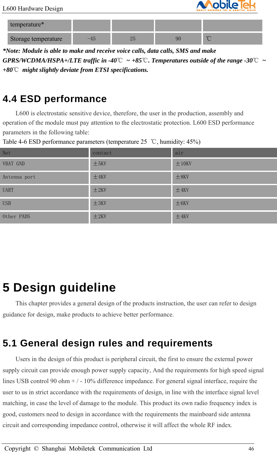 L600 Hardware Design                                                    Copyright © Shanghai Mobiletek Communication Ltd                                          46         temperature* Storage temperature -45  25  90  ℃ *Note: Module is able to make and receive voice calls, data calls, SMS and make GPRS/WCDMA/HSPA+/LTE traffic in -40℃ ~ +85℃. Temperatures outside of the range -30℃ ~ +80℃ might slightly deviate from ETSI specifications. 4.4 ESD performance   L600 is electrostatic sensitive device, therefore, the user in the production, assembly and operation of the module must pay attention to the electrostatic protection. L600 ESD performance parameters in the following table: Table 4-6 ESD performance parameters (temperature 25  ℃, humidity: 45%) Net contact  air VBAT GND ±5KV  ±10KV Antenna port  ±4KV  ±8KV UART  ±2KV  ±4KV USB  ±3KV  ±6KV Other PADS  ±2KV  ±4KV   5 Design guideline   This chapter provides a general design of the products instruction, the user can refer to design guidance for design, make products to achieve better performance.  5.1 General design rules and requirements   Users in the design of this product is peripheral circuit, the first to ensure the external power supply circuit can provide enough power supply capacity, And the requirements for high speed signal lines USB control 90 ohm + / - 10% difference impedance. For general signal interface, require the user to us in strict accordance with the requirements of design, in line with the interface signal level matching, in case the level of damage to the module. This product its own radio frequency index is good, customers need to design in accordance with the requirements the mainboard side antenna circuit and corresponding impedance control, otherwise it will affect the whole RF index.  