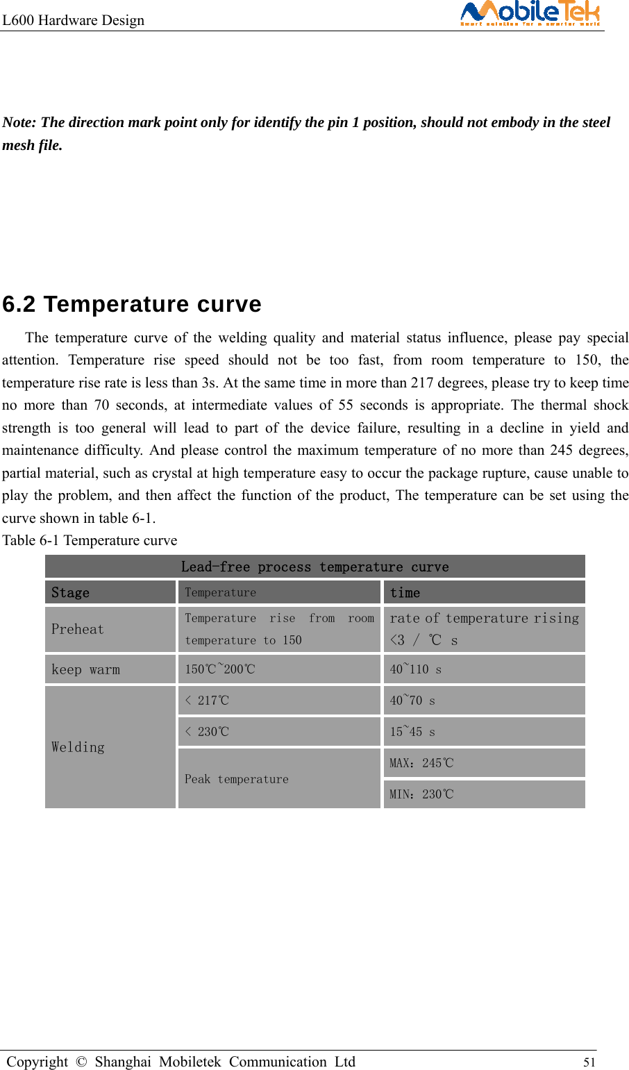 L600 Hardware Design                                                    Copyright © Shanghai Mobiletek Communication Ltd                                          51            Note: The direction mark point only for identify the pin 1 position, should not embody in the steel mesh file.     6.2 Temperature curve   The temperature curve of the welding quality and material status influence, please pay special attention. Temperature rise speed should not be too fast, from room temperature to 150, the temperature rise rate is less than 3s. At the same time in more than 217 degrees, please try to keep time no more than 70 seconds, at intermediate values of 55 seconds is appropriate. The thermal shock strength is too general will lead to part of the device failure, resulting in a decline in yield and maintenance difficulty. And please control the maximum temperature of no more than 245 degrees, partial material, such as crystal at high temperature easy to occur the package rupture, cause unable to play the problem, and then affect the function of the product, The temperature can be set using the curve shown in table 6-1. Table 6-1 Temperature curve Lead-free process temperature curve Stage  Temperature  time Preheat  Temperature  rise  from  room temperature to 150 rate of temperature rising &lt;3 / ℃ s keep warm  150℃~200℃  40~110 s  Welding &lt; 217℃  40~70 s  &lt; 230℃  15~45 s Peak temperature MAX：245℃ MIN：230℃   