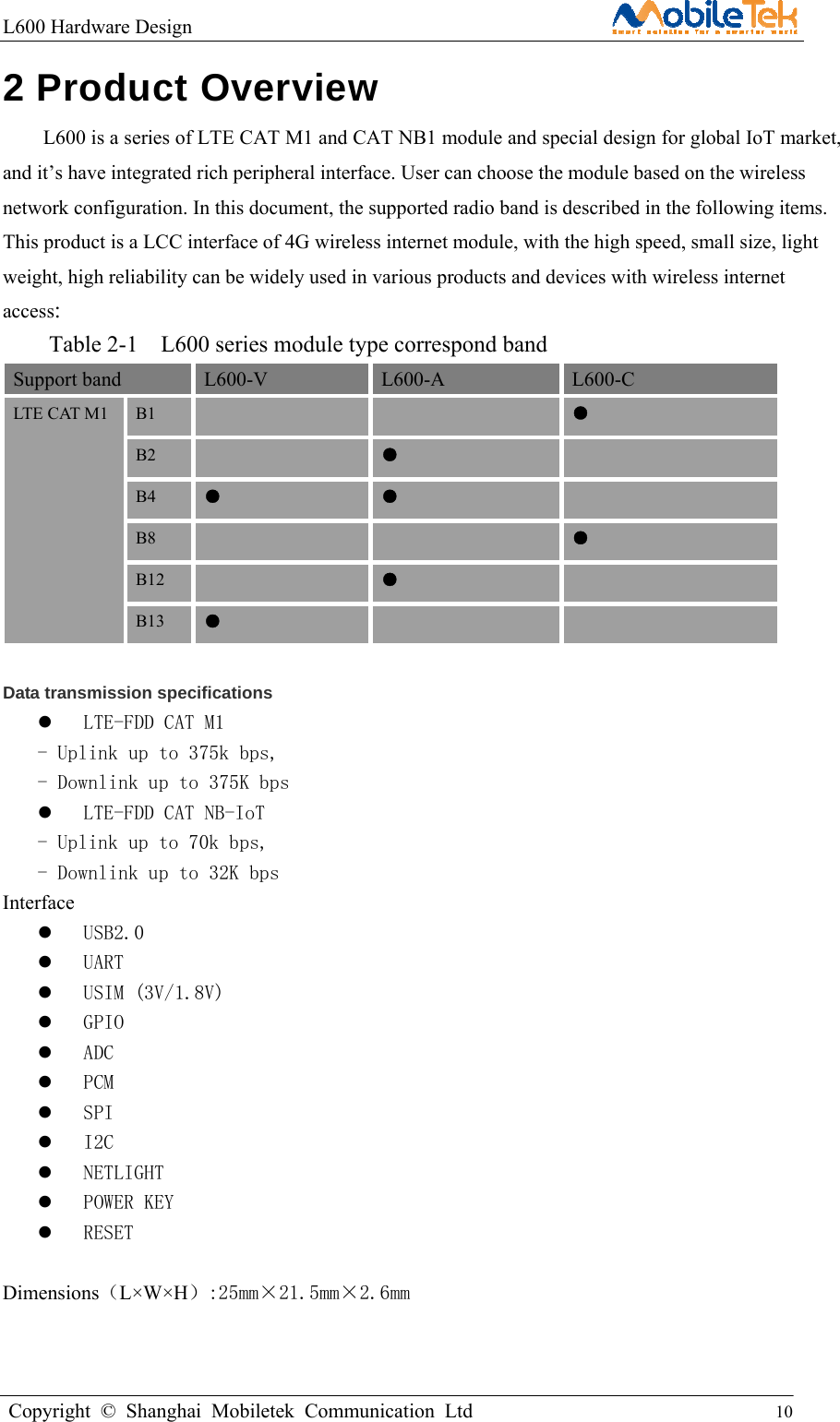 L600 Hardware Design                                                    Copyright © Shanghai Mobiletek Communication Ltd                                          10         2 Product Overview   L600 is a series of LTE CAT M1 and CAT NB1 module and special design for global IoT market, and it’s have integrated rich peripheral interface. User can choose the module based on the wireless network configuration. In this document, the supported radio band is described in the following items. This product is a LCC interface of 4G wireless internet module, with the high speed, small size, light weight, high reliability can be widely used in various products and devices with wireless internet access: Table 2-1    L600 series module type correspond band Support band  L600-V  L600-A  L600-C LTE CAT M1  B1      ● B2   ●   B4  ● ●   B8    ● B12   ●   B13  ●     Data transmission specifications  LTE-FDD CAT M1 - Uplink up to 375k bps, - Downlink up to 375K bps     LTE-FDD CAT NB-IoT - Uplink up to 70k bps, - Downlink up to 32K bps Interface  USB2.0   UART  USIM (3V/1.8V)  GPIO  ADC  PCM  SPI  I2C  NETLIGHT  POWER KEY  RESET  Dimensions（L×W×H）:25mm×21.5mm×2.6mm   