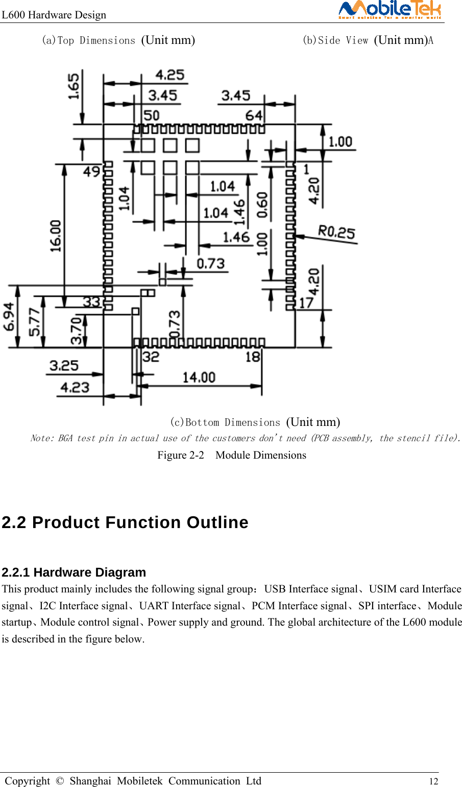 L600 Hardware Design                                                    Copyright © Shanghai Mobiletek Communication Ltd                                          12         (a)Top Dimensions (Unit mm)                   (b)Side View (Unit mm)A                                (c)Bottom Dimensions (Unit mm)                               Note: BGA test pin in actual use of the customers don&apos;t need (PCB assembly, the stencil file).    Figure 2-2    Module Dimensions  2.2 Product Function Outline 2.2.1 Hardware Diagram This product mainly includes the following signal group：USB Interface signal、USIM card Interface signal、I2C Interface signal、UART Interface signal、PCM Interface signal、SPI interface、Module startup、Module control signal、Power supply and ground. The global architecture of the L600 module is described in the figure below.  