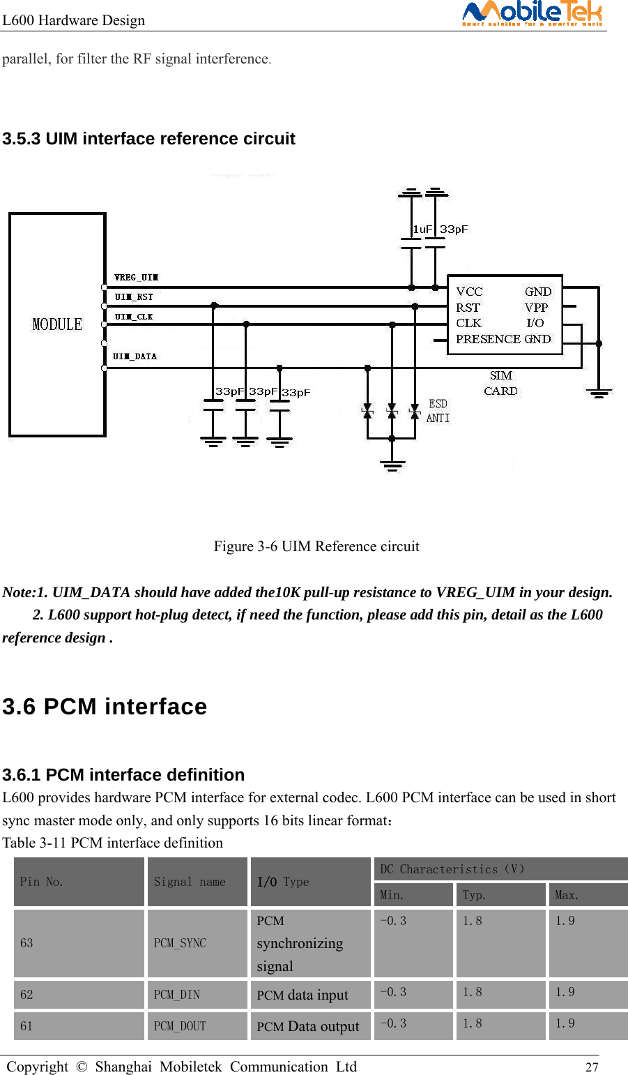 L600 Hardware Design                                                    Copyright © Shanghai Mobiletek Communication Ltd                                          27         parallel, for filter the RF signal interference.  3.5.3 UIM interface reference circuit    Figure 3-6 UIM Reference circuit  Note:1. UIM_DATA should have added the10K pull-up resistance to VREG_UIM in your design.         2. L600 support hot-plug detect, if need the function, please add this pin, detail as the L600 reference design . 3.6 PCM interface   3.6.1 PCM interface definition   L600 provides hardware PCM interface for external codec. L600 PCM interface can be used in short sync master mode only, and only supports 16 bits linear format：  Table 3-11 PCM interface definition Pin No.  Signal name  I/O Type DC Characteristics（V） Min.  Typ.  Max. 63 PCM_SYNC PCM synchronizing signal -0.3  1.8  1.9 62 PCM_DIN  PCM data input -0.3  1.8  1.9 61 PCM_DOUT  PCM Data output -0.3  1.8  1.9 