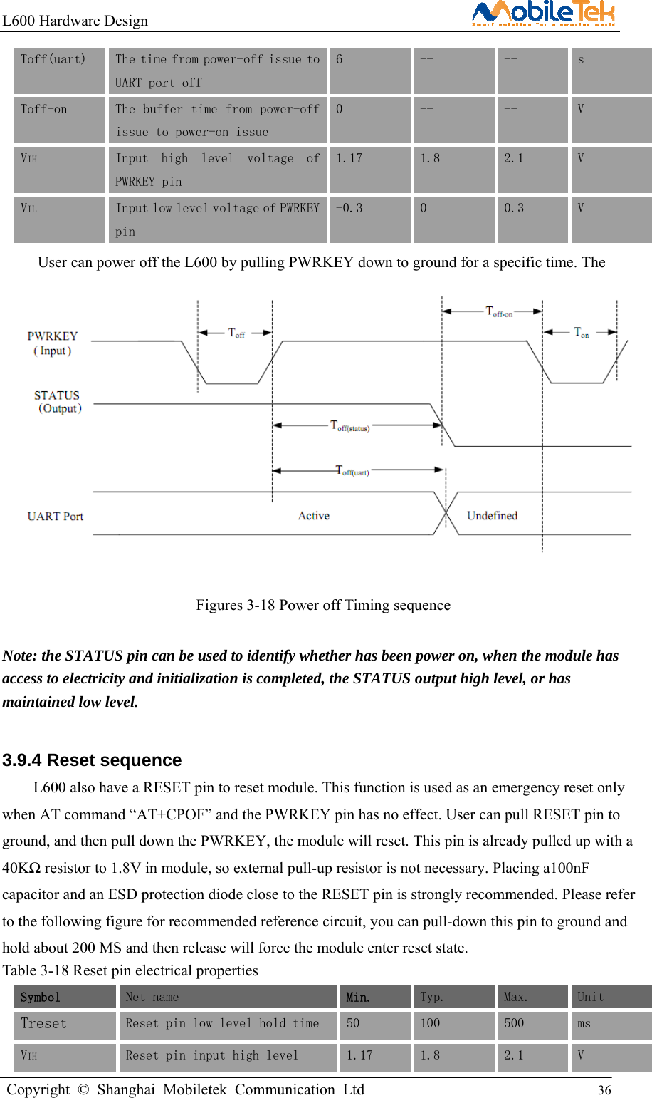 L600 Hardware Design                                                    Copyright © Shanghai Mobiletek Communication Ltd                                          36         Toff(uart)  The time from power-off issue to UART port off 6  --  --  s Toff-on  The buffer time from power-off issue to power-on issue 0  --  --  V VIH  Input  high  level  voltage  of PWRKEY pin 1.17  1.8  2.1  V VIL Input low level voltage of PWRKEY pin -0.3  0  0.3  V User can power off the L600 by pulling PWRKEY down to ground for a specific time. The power off scenario is illustrated in the following figure.            Figures 3-18 Power off Timing sequence  Note: the STATUS pin can be used to identify whether has been power on, when the module has access to electricity and initialization is completed, the STATUS output high level, or has maintained low level. 3.9.4 Reset sequence   L600 also have a RESET pin to reset module. This function is used as an emergency reset only when AT command “AT+CPOF” and the PWRKEY pin has no effect. User can pull RESET pin to ground, and then pull down the PWRKEY, the module will reset. This pin is already pulled up with a 40KΩ resistor to 1.8V in module, so external pull-up resistor is not necessary. Placing a100nF capacitor and an ESD protection diode close to the RESET pin is strongly recommended. Please refer to the following figure for recommended reference circuit, you can pull-down this pin to ground and hold about 200 MS and then release will force the module enter reset state. Table 3-18 Reset pin electrical properties Symbol Net name  Min.  Typ.  Max.  Unit  Treset  Reset pin low level hold time  50  100  500  ms  VIH  Reset pin input high level   1.17  1.8  2.1  V 