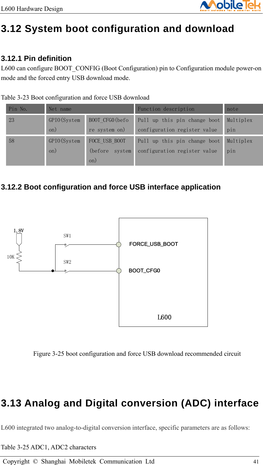 L600 Hardware Design                                                    Copyright © Shanghai Mobiletek Communication Ltd                                          41         3.12 System boot configuration and download 3.12.1 Pin definition L600 can configure BOOT_CONFIG (Boot Configuration) pin to Configuration module power-on mode and the forced entry USB download mode.  Table 3-23 Boot configuration and force USB download Pin No. Net name  Function description  note 23  GPIO(System on) BOOT_CFG0(before system on) Pull up this pin change  boot configuration register value Multiplex pin 58  GPIO(System on) FOCE_USB_BOOT (before  system on) Pull up this pin change  boot configuration register value Multiplex pin 3.12.2 Boot configuration and force USB interface application  10KSW1SW2   Figure 3-25 boot configuration and force USB download recommended circuit     3.13 Analog and Digital conversion (ADC) interface  L600 integrated two analog-to-digital conversion interface, specific parameters are as follows:  Table 3-25 ADC1, ADC2 characters 