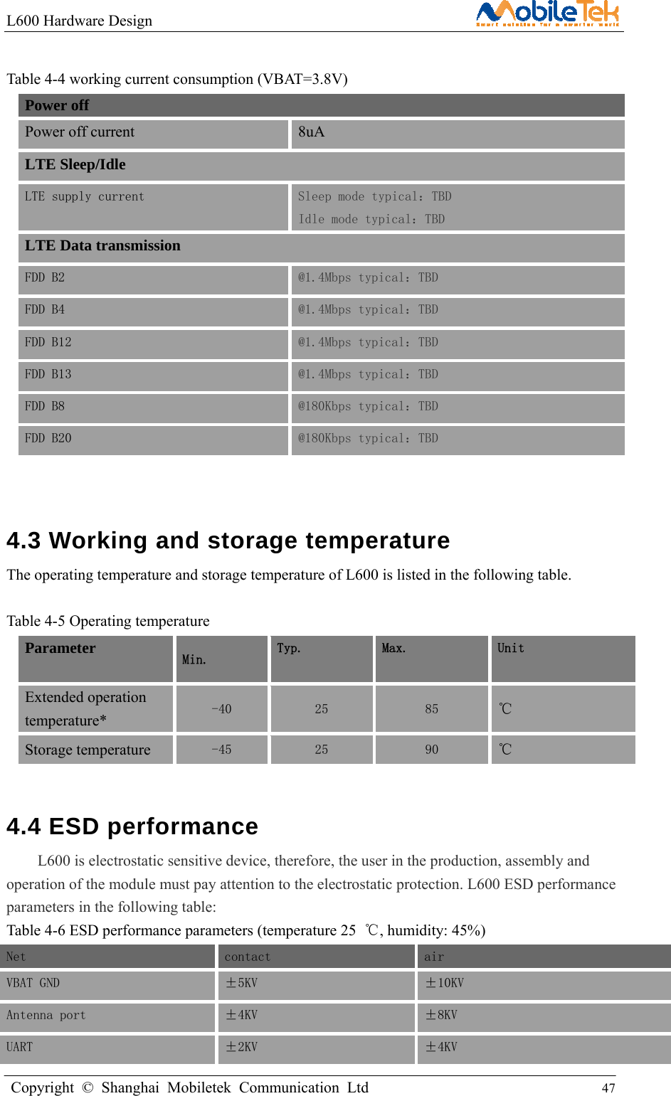 L600 Hardware Design                                                    Copyright © Shanghai Mobiletek Communication Ltd                                          47          Table 4-4 working current consumption (VBAT=3.8V) Power off Power off current 8uA LTE Sleep/Idle LTE supply current    Sleep mode typical：TBD  Idle mode typical：TBD LTE Data transmission FDD B2  @1.4Mbps typical：TBD FDD B4  @1.4Mbps typical：TBD FDD B12  @1.4Mbps typical：TBD FDD B13  @1.4Mbps typical：TBD FDD B8  @180Kbps typical：TBD FDD B20  @180Kbps typical：TBD  4.3 Working and storage temperature   The operating temperature and storage temperature of L600 is listed in the following table.  Table 4-5 Operating temperature Parameter  Min.  Typ.  Max.  Unit Extended operation temperature* -40  25  85  ℃ Storage temperature -45  25  90  ℃ 4.4 ESD performance   L600 is electrostatic sensitive device, therefore, the user in the production, assembly and operation of the module must pay attention to the electrostatic protection. L600 ESD performance parameters in the following table: Table 4-6 ESD performance parameters (temperature 25  ℃, humidity: 45%) Net contact  air VBAT GND ±5KV  ±10KV Antenna port  ±4KV  ±8KV UART  ±2KV  ±4KV 