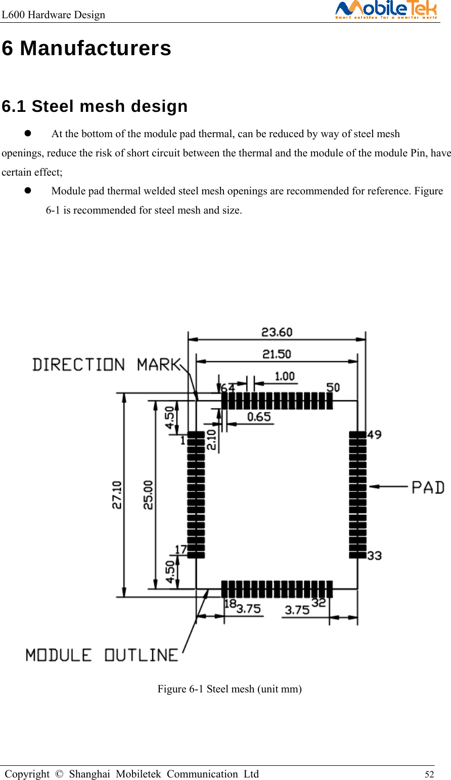 L600 Hardware Design                                                    Copyright © Shanghai Mobiletek Communication Ltd                                          52         6 Manufacturers   6.1 Steel mesh design     At the bottom of the module pad thermal, can be reduced by way of steel mesh openings, reduce the risk of short circuit between the thermal and the module of the module Pin, have certain effect;    Module pad thermal welded steel mesh openings are recommended for reference. Figure 6-1 is recommended for steel mesh and size.            Figure 6-1 Steel mesh (unit mm)     