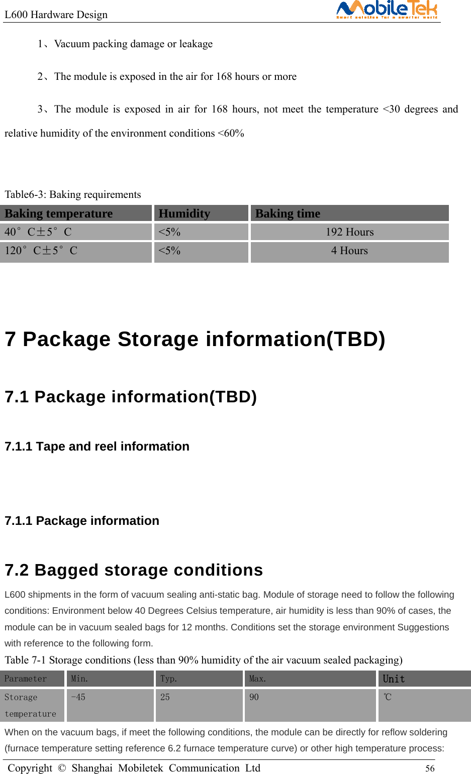L600 Hardware Design                                                    Copyright © Shanghai Mobiletek Communication Ltd                                          56         1、Vacuum packing damage or leakage 2、The module is exposed in the air for 168 hours or more 3、The module is exposed in air for 168 hours, not meet the temperature &lt;30 degrees and relative humidity of the environment conditions &lt;60%  Table6-3: Baking requirements Baking temperature Humidity  Baking time 40°C±5°C  &lt;5% 192 Hours 120°C±5°C  &lt;5% 4 Hours   7 Package Storage information(TBD) 7.1 Package information(TBD) 7.1.1 Tape and reel information     7.1.1 Package information   7.2 Bagged storage conditions L600 shipments in the form of vacuum sealing anti-static bag. Module of storage need to follow the following conditions: Environment below 40 Degrees Celsius temperature, air humidity is less than 90% of cases, the module can be in vacuum sealed bags for 12 months. Conditions set the storage environment Suggestions with reference to the following form. Table 7-1 Storage conditions (less than 90% humidity of the air vacuum sealed packaging) Parameter Min.   Typ.   Max.  Unit Storage temperature -45  25  90  ℃ When on the vacuum bags, if meet the following conditions, the module can be directly for reflow soldering (furnace temperature setting reference 6.2 furnace temperature curve) or other high temperature process: 