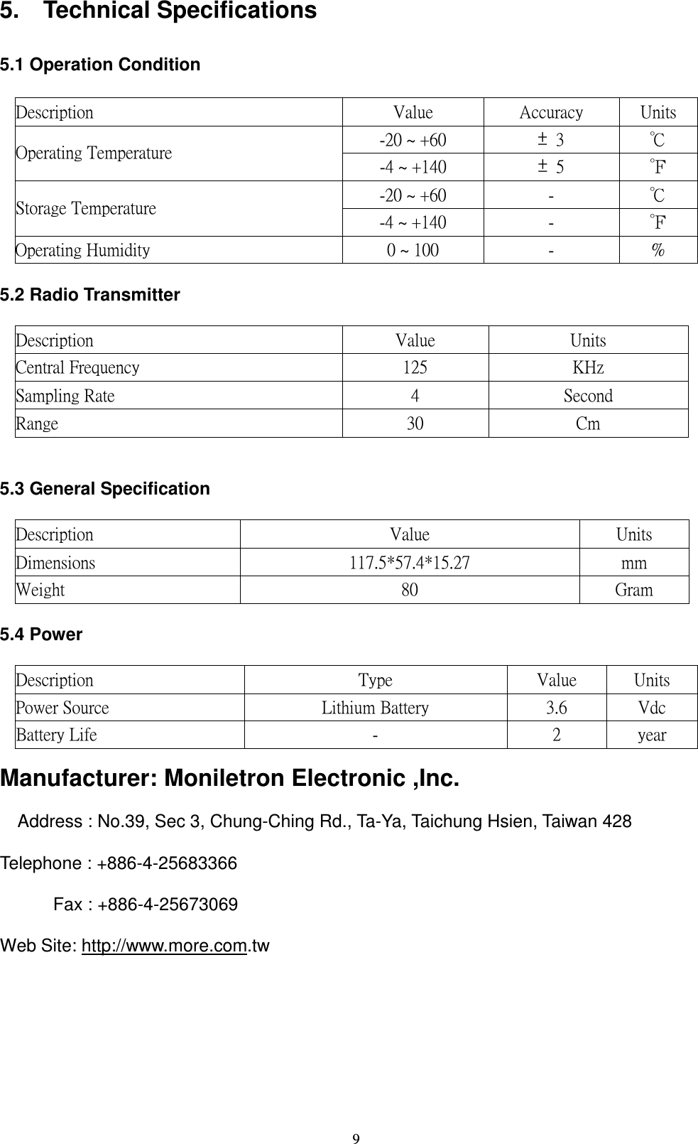   95.    Technical Specifications  5.1 Operation Condition  ˗ ˸ ̆ ˶ ̅ ˼ ̃ ̇ ˼ ̂ ́ ʳ ˩ ˴ ˿ ̈ ˸ ʳ ˔ ˶ ˶ ̈ ̅ ˴ ˶ ̌ ʳ ˨ ́ ˼ ̇ ̆ ʳˀ˅˃ʳ̑ ʳʾ ˉ ˃ʳ ̈́ʳ &circ;ʳ кʳˢ ̃ ˸ ̅ ˴ ̇ ˼ ́ ˺ ʳ˧ ˸ ̀ ̃ ˸ ̅ ˴ ̇ ̈ ̅ ˸ ʳ ˀˇʳ̑ ʳʾ ˄ ˇ˃ʳ ̈́ʳ ˈʳ лʳˀ˅˃ʳ̑ ʳʾ ˉ ˃ʳ ˀʳ кʳ˦ ̇ ̂ ̅ ˴ ˺ ˸ ʳ˧ ˸ ̀ ̃ ˸ ̅ ˴ ̇ ̈ ̅ ˸ ʳ ˀˇʳ̑ ʳʾ ˄ ˇ˃ʳ ˀʳ лʳˢ ̃ ˸ ̅ ˴ ̇ ˼ ́ ˺ ʳ˛ ̈ ̀ ˼ ˷ ˼ ̇ ̌ ʳ ˃ʳ̑ ʳ˄ ˃˃ʳ ˀʳ ʸʳ 5.2 Radio Transmitter  ˗ ˸ ̆ ˶ ̅ ˼ ̃ ̇ ˼ ̂ ́ ʳ ˩ ˴ ˿ ̈ ˸ ʳ ˨ ́ ˼ ̇ ̆ ʳʳ˖ ˸ ́ ̇ ̅ ˴ ˿ ʳ˙ ̅ ˸ ̄ ̈ ˸ ́ ˶ ̌ ʳ ˄ ˅ˈʳ ˞˛ ̍ ʳ˦ ˴ ̀ ̃ ˿ ˼ ́ ˺ ʳ˥ ˴ ̇ ˸ ʳ ˇʳ ˦ ˸ ˶ ̂ ́ ˷ ʳ˥ ˴ ́ ˺ ˸ ʳ &circ;˃ʳ ˖ ̀ ʳ  5.3 General Specification  ˗ ˸ ̆ ˶ ̅ ˼ ̃ ̇ ˼ ̂ ́ ʳ ˩ ˴ ˿ ̈ ˸ ʳ ˨ ́ ˼ ̇ ̆ ʳʳ˗ ˼ ̀ ˸ ́ ̆ ˼ ̂ ́ ̆ ʳ ˄ ˄ ˊ ˁˈʽ ˈˊ ˁˇʽ ˄ ˈˁ˅ˊ ʳ ̀ ̀ ʳʳ˪ ˸ ˼ ˺ ˻ ̇ ʳ ˋ ˃ʳ ˚ ̅ ˴ ̀ ʳʳ 5.4 Power  ˗ ˸ ̆ ˶ ̅ ˼ ̃ ̇ ˼ ̂ ́ ʳ ˧ ̌ ̃ ˸ ʳ ˩ ˴ ˿ ̈ ˸ ʳ ˨ ́ ˼ ̇ ̆ ʳˣ ̂ ̊ ˸ ̅ ʳ˦ ̂ ̈ ̅ ˶ ˸ ʳ ˟ ˼ ̇ ˻ ˼ ̈ ̀ ʳ˕ ˴ ̇ ̇ ˸ ̅ ̌ ʳ &circ;ˁˉ ʳ ˩ ˷ ˶ ʳ˕ ˴ ̇ ̇ ˸ ̅ ̌ ʳ˟ ˼ ˹ ˸ ʳ ˀʳ ˅ʳ ̌ ˸ ˴ ̅ ʳ Manufacturer: Moniletron Electronic ,Inc.  Address : No.39, Sec 3, Chung-Ching Rd., Ta-Ya, Taichung Hsien, Taiwan 428  Telephone : +886-4-25683366  Fax : +886-4-25673069  Web Site: http://www.more.com.tw  