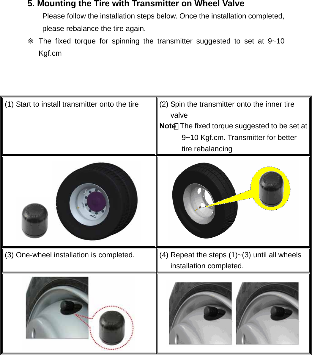 5. Mounting the Tire with Transmitter on Wheel Valve Please follow the installation steps below. Once the installation completed, please rebalance the tire again.      The fixed torque for spinning the transmitter suggested to set at 9~10 ※Kgf.cm    (1) Start to install transmitter onto the tire  (2) Spin the transmitter onto the inner tire valve Note：The fixed torque suggested to be set at 9~10 Kgf.cm. Transmitter for better tire rebalancing   (3) One-wheel installation is completed.  (4) Repeat the steps (1)~(3) until all wheels installation completed.           