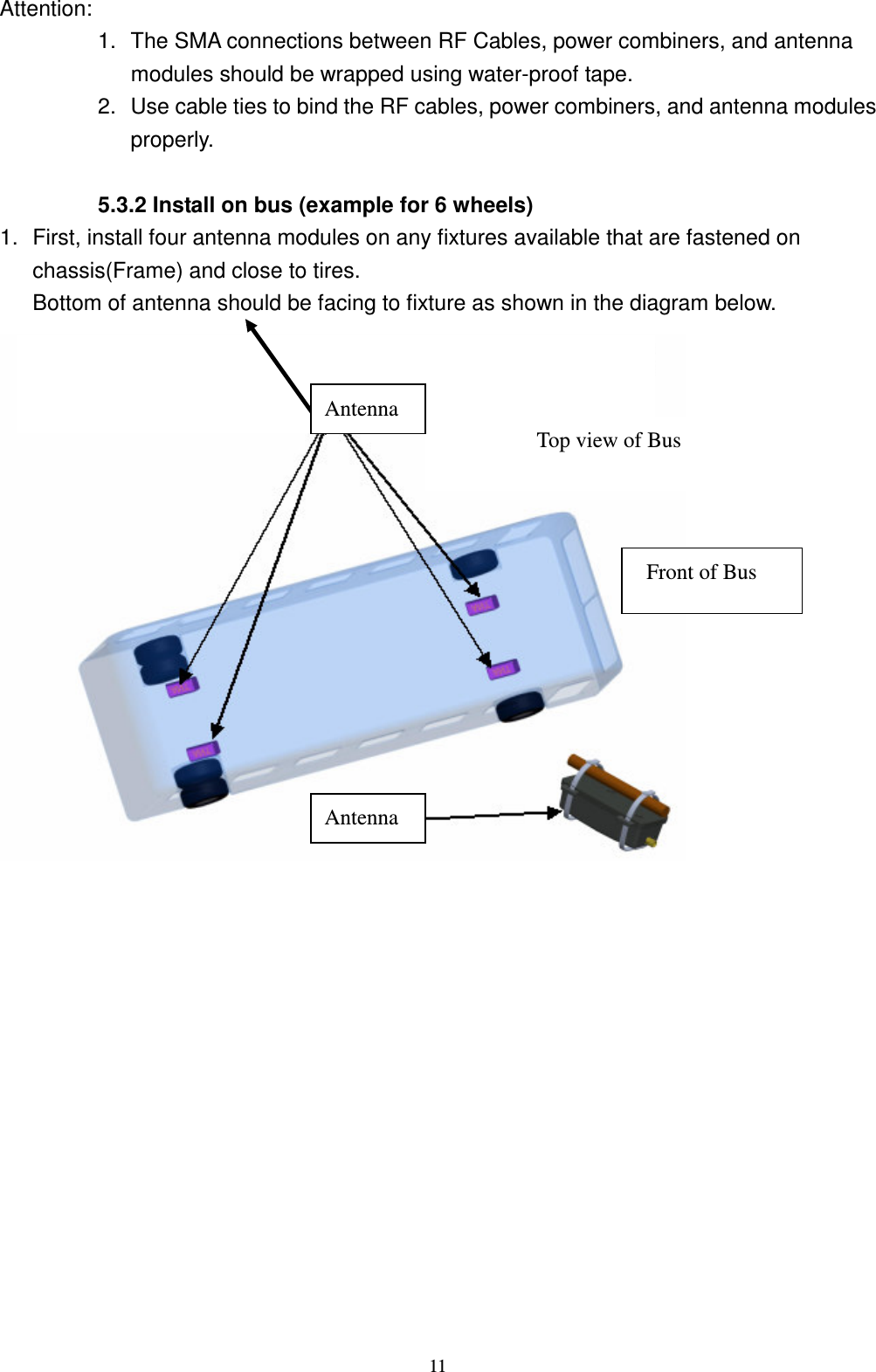    11  Attention:   1.  The SMA connections between RF Cables, power combiners, and antenna modules should be wrapped using water-proof tape. 2.  Use cable ties to bind the RF cables, power combiners, and antenna modules properly.                    5.3.2 Install on bus (example for 6 wheels) 1.  First, install four antenna modules on any fixtures available that are fastened on chassis(Frame) and close to tires. Bottom of antenna should be facing to fixture as shown in the diagram below.                  Front of Bus Top view of Bus Antenna Antenna 