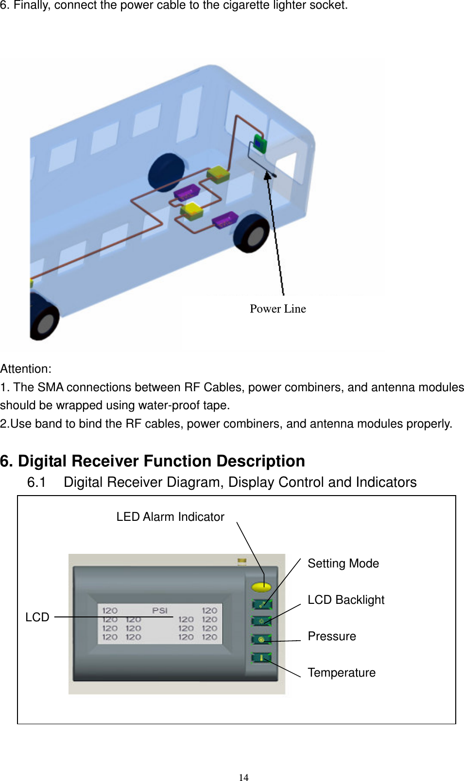    146. Finally, connect the power cable to the cigarette lighter socket.      Attention:   1. The SMA connections between RF Cables, power combiners, and antenna modules should be wrapped using water-proof tape. 2.Use band to bind the RF cables, power combiners, and antenna modules properly.    6. Digital Receiver Function Description 6.1  Digital Receiver Diagram, Display Control and Indicators    Power Line LED Alarm Indicator LCD!Pressure LCD Backlight Temperature Setting Mode 