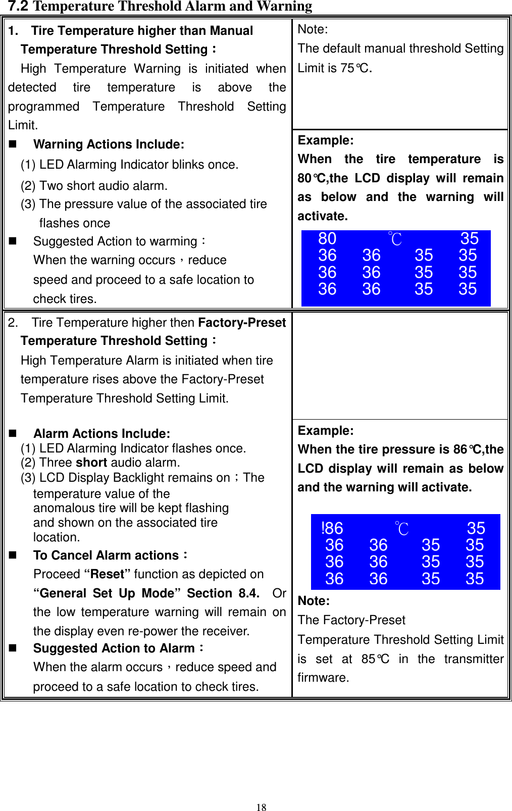    187.2 Temperature Threshold Alarm and Warning Note: The default manual threshold Setting Limit is 75&deg;C.   1.    Tire Temperature higher than Manual   Temperature Threshold SettingǺǺǺǺ High  Temperature  Warning  is  initiated  when detected  tire  temperature  is  above  the programmed  Temperature  Threshold  Setting Limit.  Warning Actions Include: (1) LED Alarming Indicator blinks once. (2) Two short audio alarm.     (3) The pressure value of the associated tire   flashes once   Suggested Action to warmingǺ When the warning occursǴreduce   speed and proceed to a safe location to   check tires. Example: When  the  tire  temperature  is 80&deg;C,the  LCD  display  will  remain as  below  and  the  warning  will activate.   2.  Tire Temperature higher then Factory-Preset Temperature Threshold SettingǺǺǺǺ High Temperature Alarm is initiated when tire   temperature rises above the Factory-Preset   Temperature Threshold Setting Limit.   Alarm Actions Include:   (1) LED Alarming Indicator flashes once. (2) Three short audio alarm.   (3) LCD Display Backlight remains onǹThe   temperature value of the   anomalous tire will be kept flashing   and shown on the associated tire   location.  To Cancel Alarm actionsǺǺǺǺ Proceed &ldquo;Reset&rdquo; function as depicted on   &ldquo;General  Set  Up  Mode&rdquo;  Section  8.4.    Or the  low  temperature  warning  will  remain  on the display even re-power the receiver.  Suggested Action to AlarmǺǺǺǺ When the alarm occursǴreduce speed and  proceed to a safe location to check tires. Example: When the tire pressure is 86&deg;C,the LCD display will remain as below and the warning will activate.      Note: The Factory-Preset   Temperature Threshold Setting Limit is  set  at  85&deg;C  in  the  transmitter firmware.  80      к 35 36      36        35      35 36      36        35      35 36      36        35      35  !86      к 35 36      36        35      35 36      36        35      35 36      36        35      35 