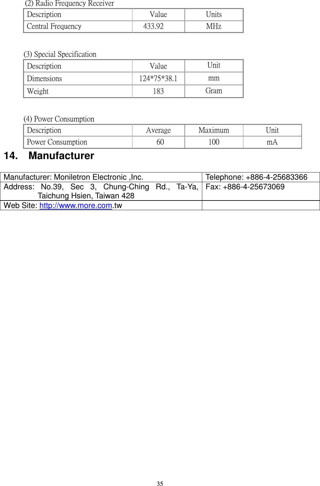    35ʳʻ˅ʼ ʳ˥ ˴ ˷ ˼ ̂ ʳ˙ ̅ ˸ ̄ ̈ ˸ ́ ˶ ̌ ʳ˥ ˸ ˶ ˸ ˼ ̉ ˸ ̅ ʳ˗ ˸ ̆ ˶ ̅ ˼ ̃ ̇ ˼ ̂ ́ ʳ ˩ ˴ ˿ ̈ ˸ ʳ ˨ ́ ˼ ̇ ̆ ʳ˖ ˸ ́ ̇ ̅ ˴ ˿ ʳ˙ ̅ ˸ ̄ ̈ ˸ ́ ˶ ̌ ʳ ˇ&circ;&circ;ˁ ˌ ˅ʳ ˠ ˛ ̍ ʳʳʻ&circ;ʼ ʳ˦ ̃ ˸ ˶ ˼ ˴ ˿ ʳ˦ ̃ ˸ ˶ ˼ ˹ ˼ ˶ ˴ ̇ ˼ ̂ ́ ʳ˗ ˸ ̆ ˶ ̅ ˼ ̃ ̇ ˼ ̂ ́ ʳ ˩ ˴ ˿ ̈ ˸ ʳ ˨ ́ ˼ ̇ ʳ˗ ˼ ̀ ˸ ́ ̆ ˼ ̂ ́ ̆ ʳ ˄ ˅ˇʽˊˈʽ&circ;ˋ ˁ ˄ ʳʳʳʳ̀̀ʳ˪ ˸ ˼ ˺ ˻ ̇ ʳ ˄ ˋ &circ;ʳ ˚ ̅ ˴ ̀ ʳʳʻˇʼ ʳˣ ̂ ̊ ˸ ̅ ʳ˖ ̂ ́ ̆ ̈ ̀ ̃ ̇ ˼ ̂ ́ ʳʳʳʳ˗ ˸ ̆ ˶ ̅ ˼ ̃ ̇ ˼ ̂ ́ ʳ ˔ ̉ ˸ ̅ ˴ ˺ ˸ ʳ ˠ ˴ ̋ ˼ ̀ ̈ ̀ ʳ ˨ ́ ˼ ̇ ʳˣ ̂ ̊ ˸ ̅ ʳ˖ ̂ ́ ̆ ̈ ̀ ̃ ̇ ˼ ̂ ́ ʳ ˉ˃ʳ ˄ ˃˃ʳ ̀ ˔ ʳ14.    Manufacturer  Manufacturer: Moniletron Electronic ,Inc.  Telephone: +886-4-25683366 Address:  No.39,  Sec  3,  Chung-Ching  Rd.,  Ta-Ya, Taichung Hsien, Taiwan 428  Fax: +886-4-25673069 Web Site: http://www.more.com.tw    