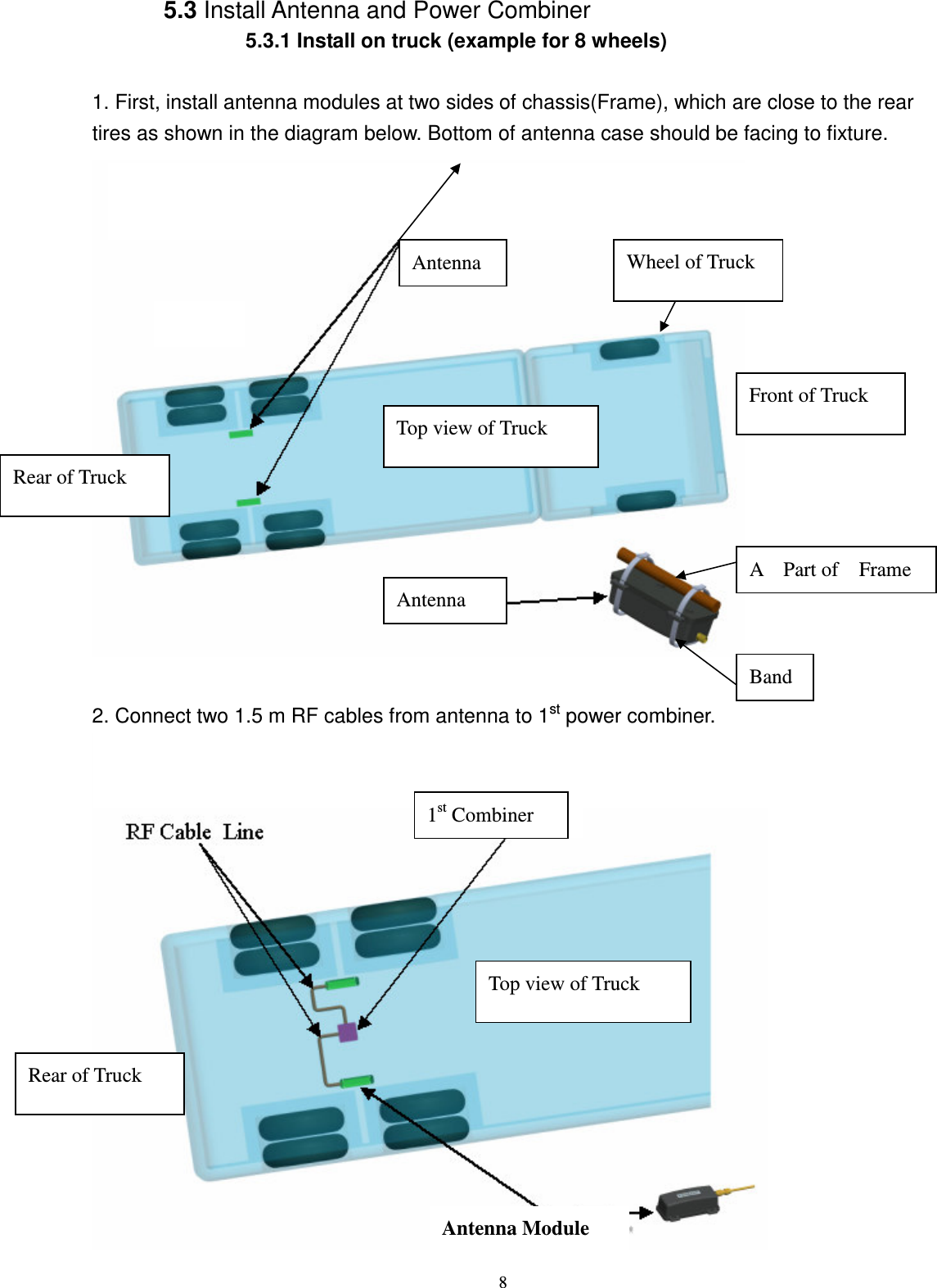    8 5.3 Install Antenna and Power Combiner               5.3.1 Install on truck (example for 8 wheels)  1. First, install antenna modules at two sides of chassis(Frame), which are close to the rear tires as shown in the diagram below. Bottom of antenna case should be facing to fixture.   2. Connect two 1.5 m RF cables from antenna to 1st power combiner.    Combiner Antenna Module   Antenna A    Part of    Frame Band Antenna Front of Truck Rear of Truck Top view of Truck Rear of Truck Wheel of Truck 1st Combiner Top view of Truck 