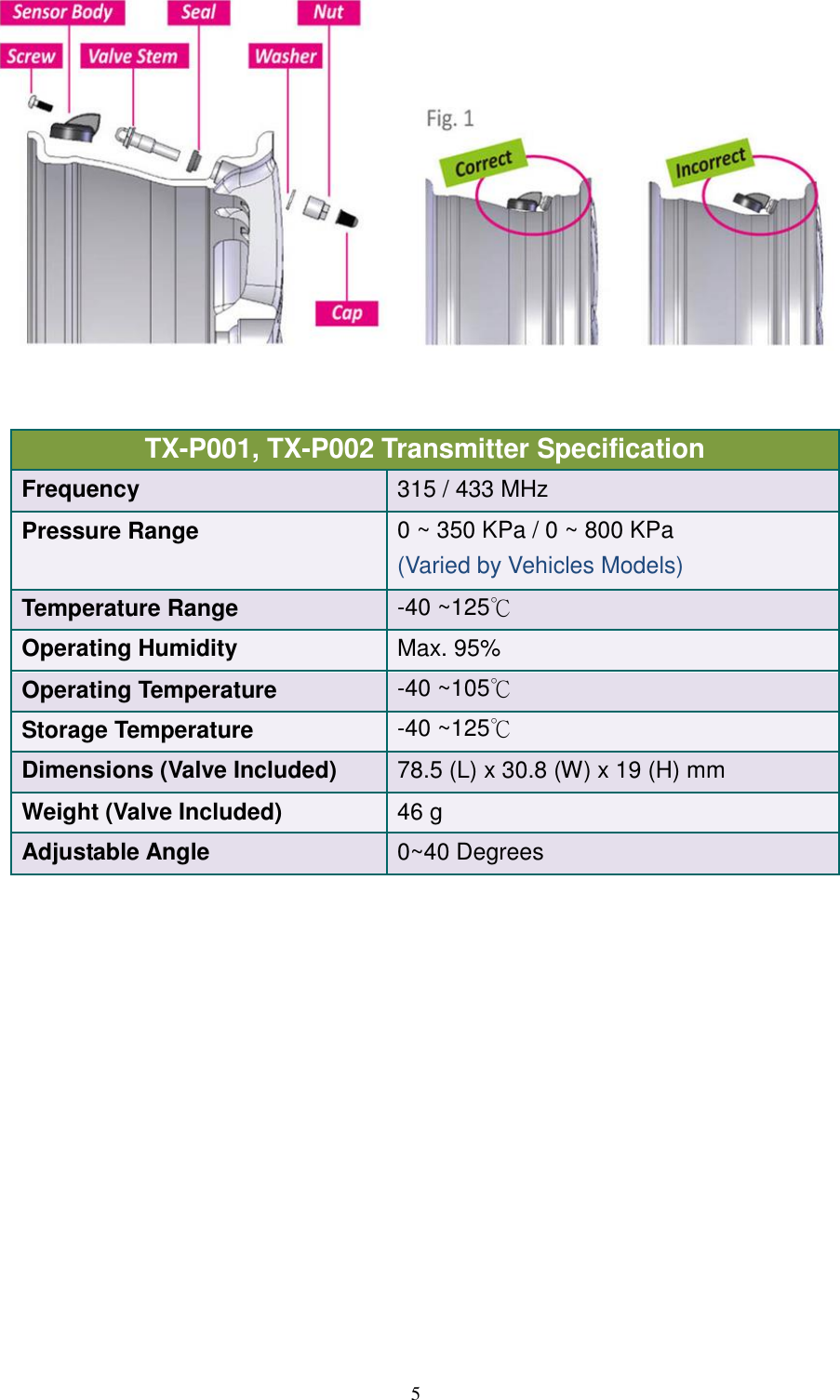  5    TX-P001, TX-P002 Transmitter Specification Frequency 315 / 433 MHz Pressure Range 0 ~ 350 KPa / 0 ~ 800 KPa (Varied by Vehicles Models) Temperature Range -40 ~125℃ Operating Humidity Max. 95% Operating Temperature -40 ~105℃ Storage Temperature -40 ~125℃ Dimensions (Valve Included) 78.5 (L) x 30.8 (W) x 19 (H) mm Weight (Valve Included) 46 g Adjustable Angle 0~40 Degrees  