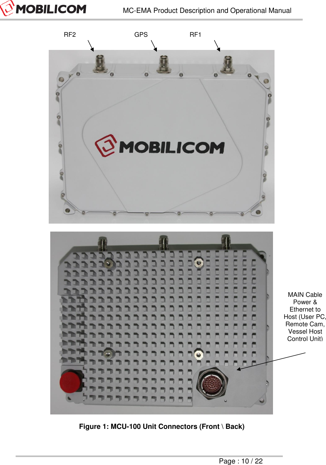   MC-EMA Product Description and Operational Manual     Page : 10 / 22     Figure 1: MCU-100 Unit Connectors (Front \ Back) RF2 RF1 GPS  MAIN Cable Power &amp; Ethernet to Host (User PC, Remote Cam, Vessel Host Control Unit)  