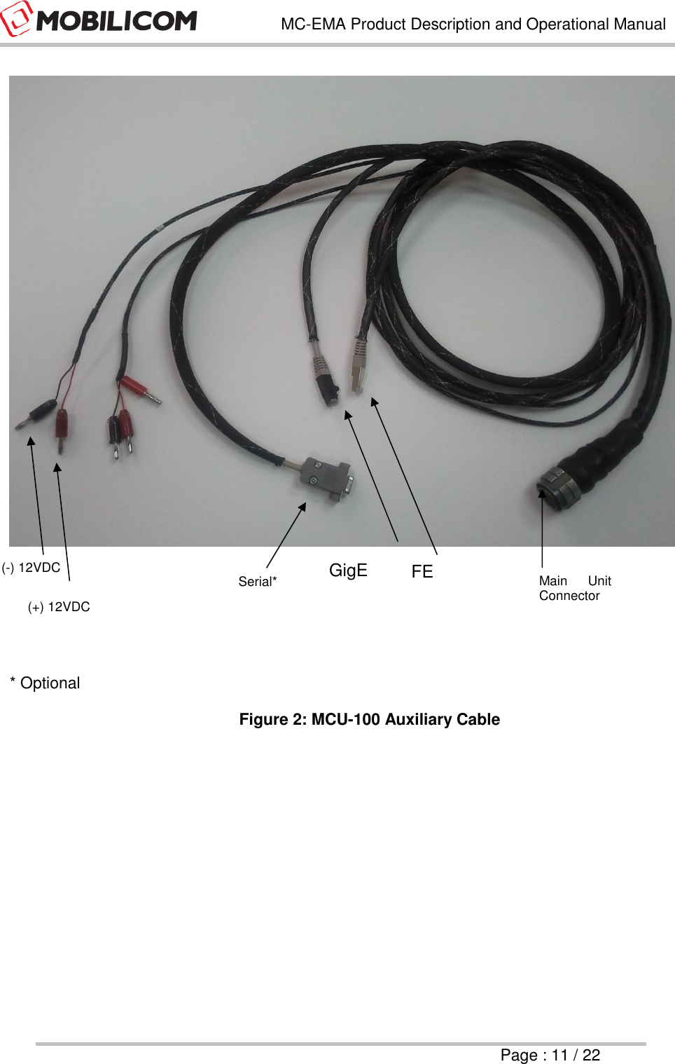   MC-EMA Product Description and Operational Manual     Page : 11 / 22      * Optional Figure 2: MCU-100 Auxiliary Cable  (-) 12VDC  Serial* (+) 12VDC GigE Main  Unit Connector FE 