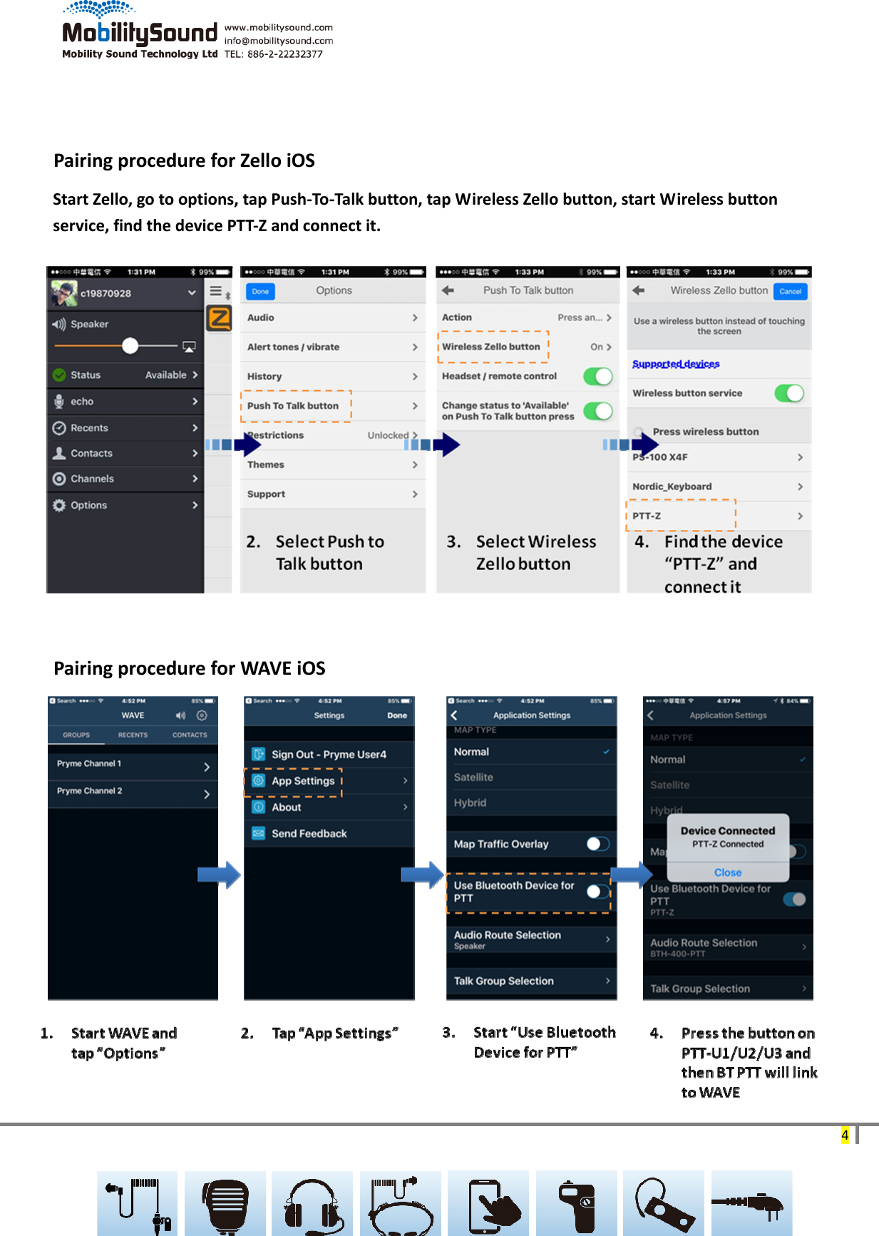 4PairingprocedureforZelloiOSPairingprocedureforWAVEiOSStartZello,gotooptions,tapPush‐To‐Talkbutton,tapWirelessZellobutton,startWirelessbuttonservice,findthedevicePTT‐Zandconnectit.