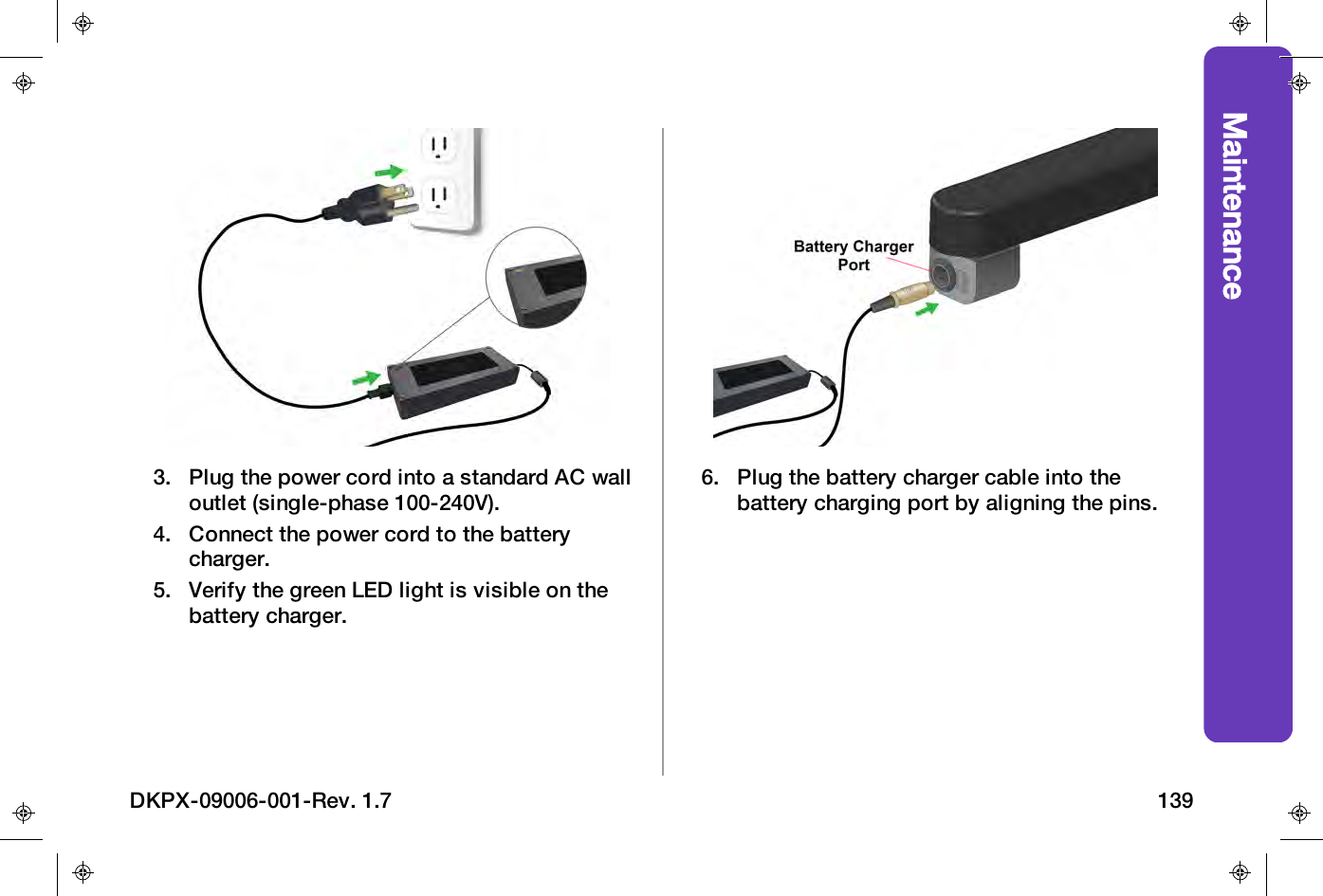 Maintenance3. Plug the power cord into a standard AC walloutlet (single-phase 100-240V).4. Connect the power cord to the batterycharger.5. Verify the green LED light is visible on thebattery charger.6. Plug the battery charger cable into thebattery charging port by aligning the pins.DKPX-09006-001-Rev. 1.7 139