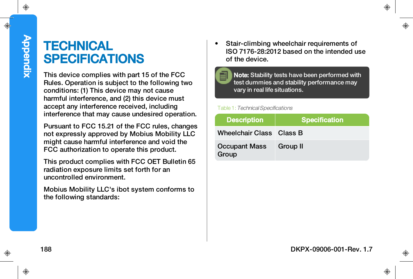 TECHNICALSPECIFICATIONSThis device complies with part 15 of the FCCRules. Operation is subject to the following twoconditions: (1) This device may not causeharmful interference, and (2) this device mustaccept any interference received, includinginterference that may cause undesired operation.Pursuant to FCC 15.21 of the FCC rules, changesnot expressly approved by Mobius Mobility LLCmight cause harmful interference and void theFCC authorization to operate this product.This product complies with FCC OET Bulletin 65radiation exposure limits set forth for anuncontrolled environment.Mobius Mobility LLC's ibot system conforms tothe following standards:&bull; Stair-climbing wheelchair requirements ofISO 7176-28:2012 based on the intended useof the device.Note: Stability tests have been performed withtest dummies and stability performance mayvary in real life situations.Description SpecificationWheelchair Class Class BOccupant MassGroupGroup IITable 1:Technical SpecificationsAppendix188 DKPX-09006-001-Rev. 1.7
