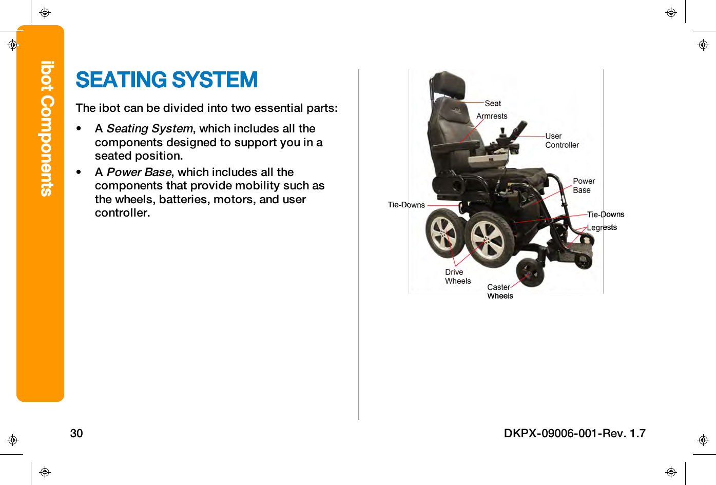 SEATING SYSTEMThe ibot can be divided into two essential parts:&bull; ASeating System, which includes all thecomponents designed to support you in aseated position.&bull; APower Base,which includes all thecomponents that provide mobility such asthe wheels, batteries, motors, and usercontroller.ibot Components30 DKPX-09006-001-Rev. 1.7