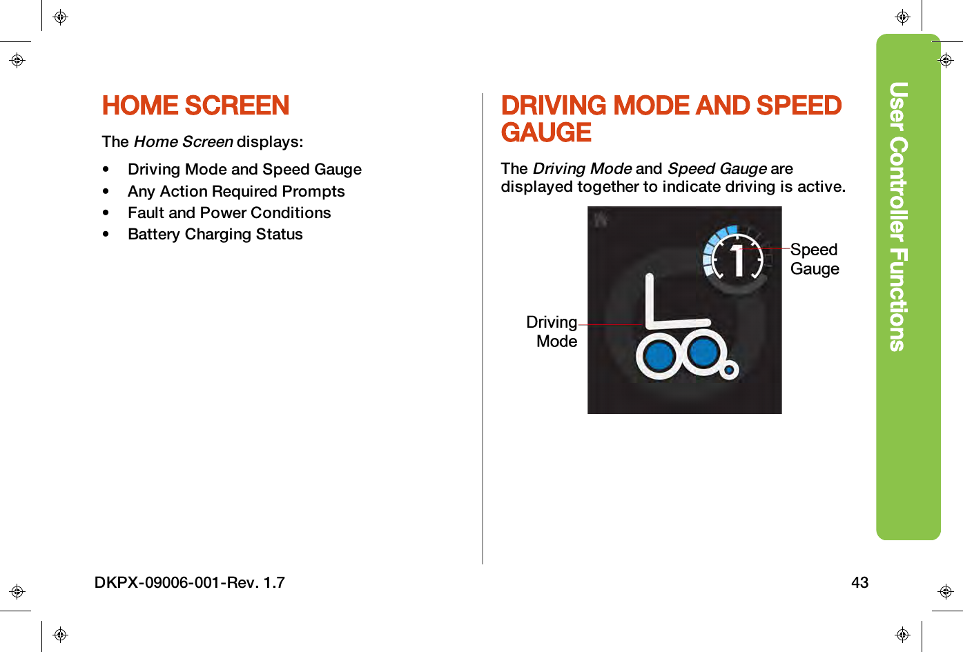 User Controller FunctionsHOME SCREENTheHome Screendisplays:&bull; Driving Mode and Speed Gauge&bull; Any Action Required Prompts&bull; Fault and Power Conditions&bull; Battery Charging StatusDRIVING MODE AND SPEEDGAUGETheDriving ModeandSpeed Gaugearedisplayed together to indicate driving is active.DKPX-09006-001-Rev. 1.7 43
