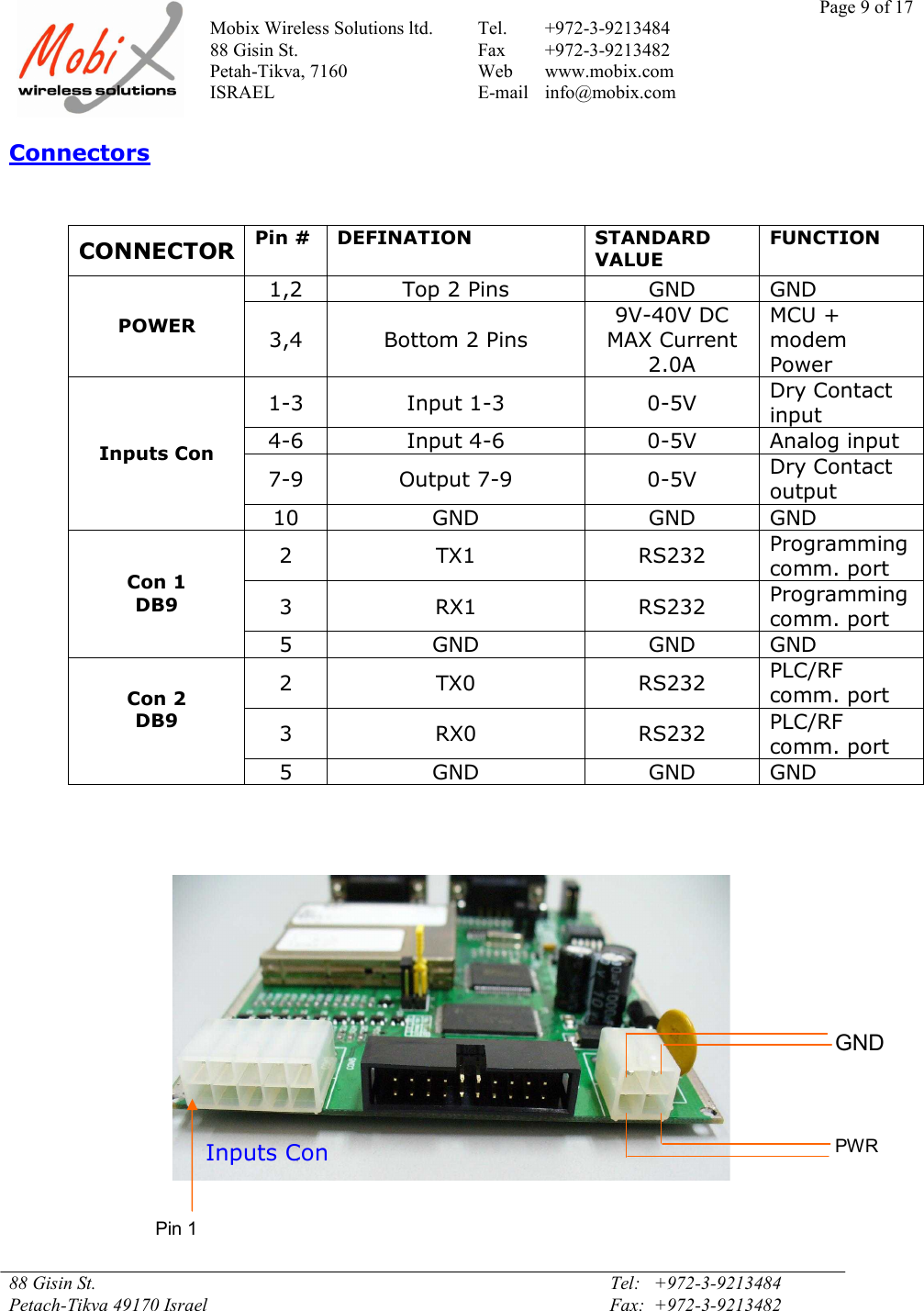Page 9 of 17Mobix Wireless Solutions ltd. Tel. +972-3-921348488 Gisin St. Fax +972-3-9213482Petah-Tikva, 7160 Web www.mobix.comISRAEL E-mail info@mobix.com88 Gisin St. Tel:   +972-3-9213484Petach-Tikva 49170 Israel Fax:  +972-3-9213482ConnectorsCONNECTORPin #DEFINATIONSTANDARDVALUEFUNCTION1,2Top 2 PinsGNDGNDPOWER3,4Bottom 2 Pins9V-40V DCMAX Current2.0AMCU +modemPower1-3Input 1-30-5VDry Contactinput4-6Input 4-60-5VAnalog input7-9Output 7-90-5VDry ContactoutputInputs Con10GNDGNDGND2TX1RS232Programmingcomm. port3RX1RS232Programmingcomm. portCon 1DB95GNDGNDGND2TX0RS232PLC/RFcomm. port3RX0RS232PLC/RFcomm. portCon 2DB95GNDGNDGNDPin 1GNDPWRInputs Con