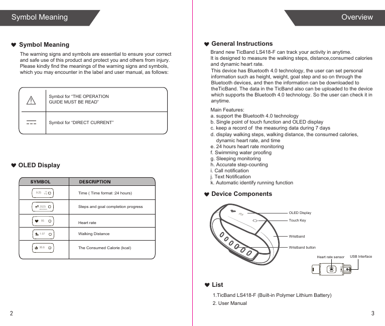 List1.TicBand LS418-F (Built-in Polymer Lithium Battery)2. User ManualGeneral InstructionsDevice ComponentsSymbol MeaningOLED DisplayBrand new TicBand LS418-F can track your activity in anytime.It is designed to measure the walking steps, distance,consumed calories and dynamic heart rate. Main Features:a. support the Bluetooth 4.0 technologyb. Single point of touch function and OLED displayc. keep a record of  the measuring data during 7 daysd. display walking steps, walking distance, the consumed calories,     dynamic heart rate, and timee. 24 hours heart rate monitoringf. Swimming water proofingg. Sleeping monitoringh. Accurate step-countingi. Call notificationj. Text Notificationk. Automatic identify running function Steps and goal completion progressWalking DistanceThe Consumed Calorie (kcal)Time ( Time format :24 hours)USB InterfaceSymbol for “THE OPERATION GUIDE MUST BE READ”Symbol for “DIRECT CURRENT”Heart rateHeart rate sensorWristband button95OLED DisplayWristbandTouch Key1.979:25 THU1836.6202395This device has Bluetooth 4.0 technology, the user can set personal information such as height, weight, goal step and so on through the Bluetooth devices, and then the information can be downloaded to theTicBand. The data in the TicBand also can be uploaded to the device which supports the Bluetooth 4.0 technology. So the user can check it in anytime.The warning signs and symbols are essential to ensure your correct and safe use of this product and protect you and others from injury. Please kindly find the meanings of the warning signs and symbols, which you may encounter in the label and user manual, as follows:  23OverviewSymbol Meaning