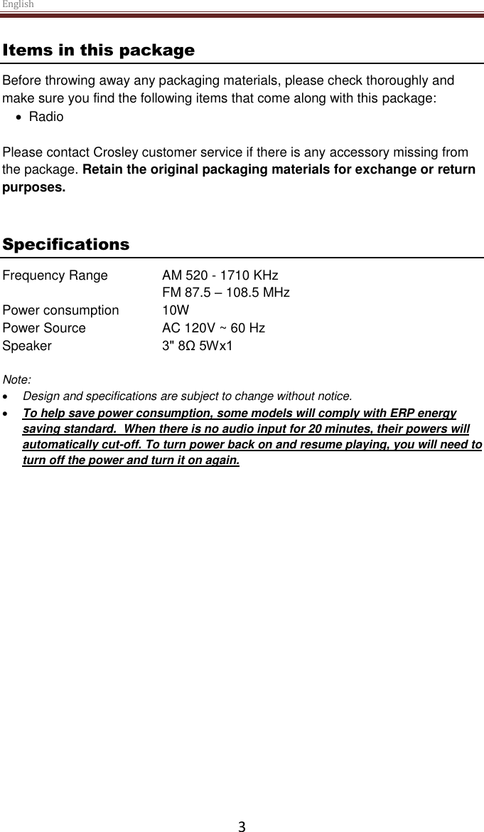Page 3 of Modern Concepts CR31D AM/FM RECEIVER User Manual 
