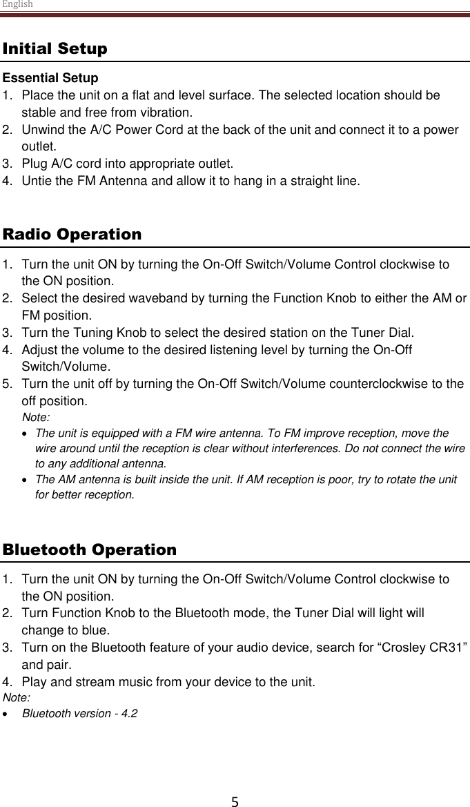 Page 5 of Modern Concepts CR31D AM/FM RECEIVER User Manual 