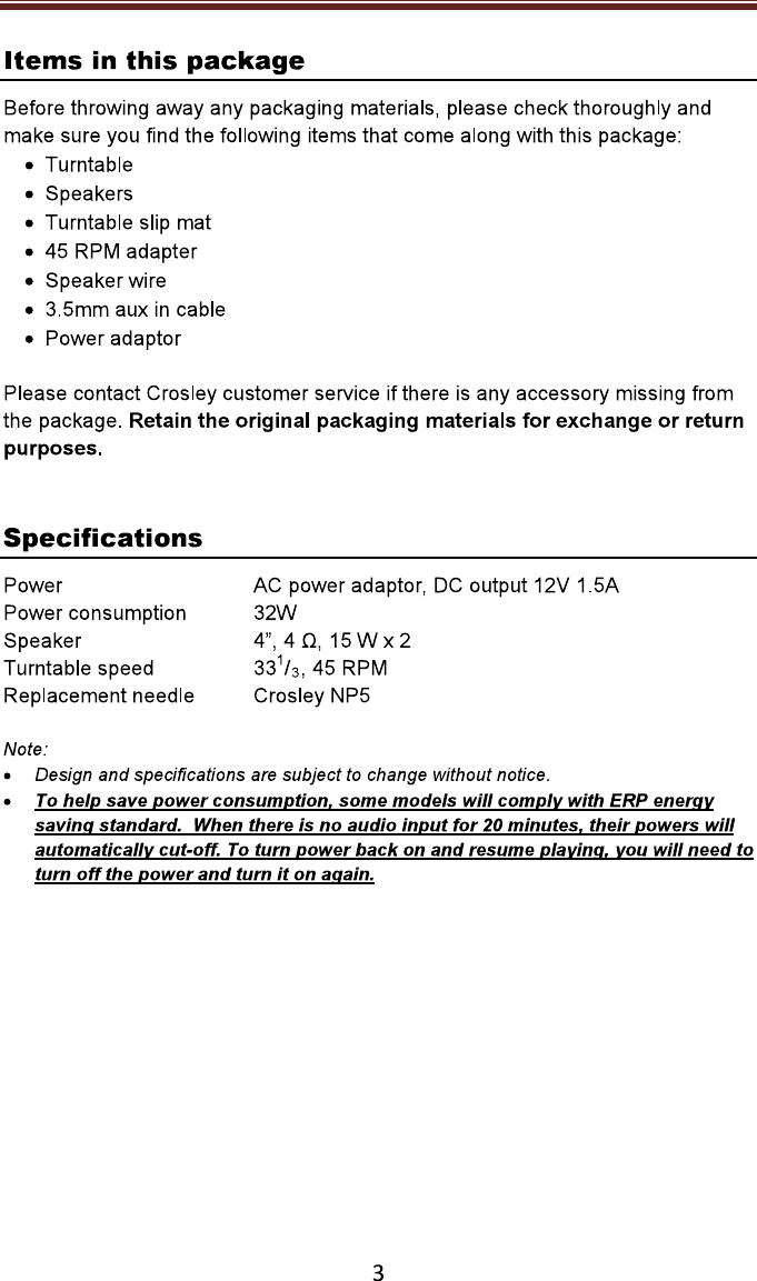 Page 3 of Modern Concepts CR6034A Switch II Turntable User Manual CR6034A Trilingual 110117