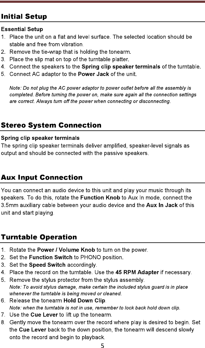 Page 5 of Modern Concepts CR6034A Switch II Turntable User Manual CR6034A Trilingual 110117