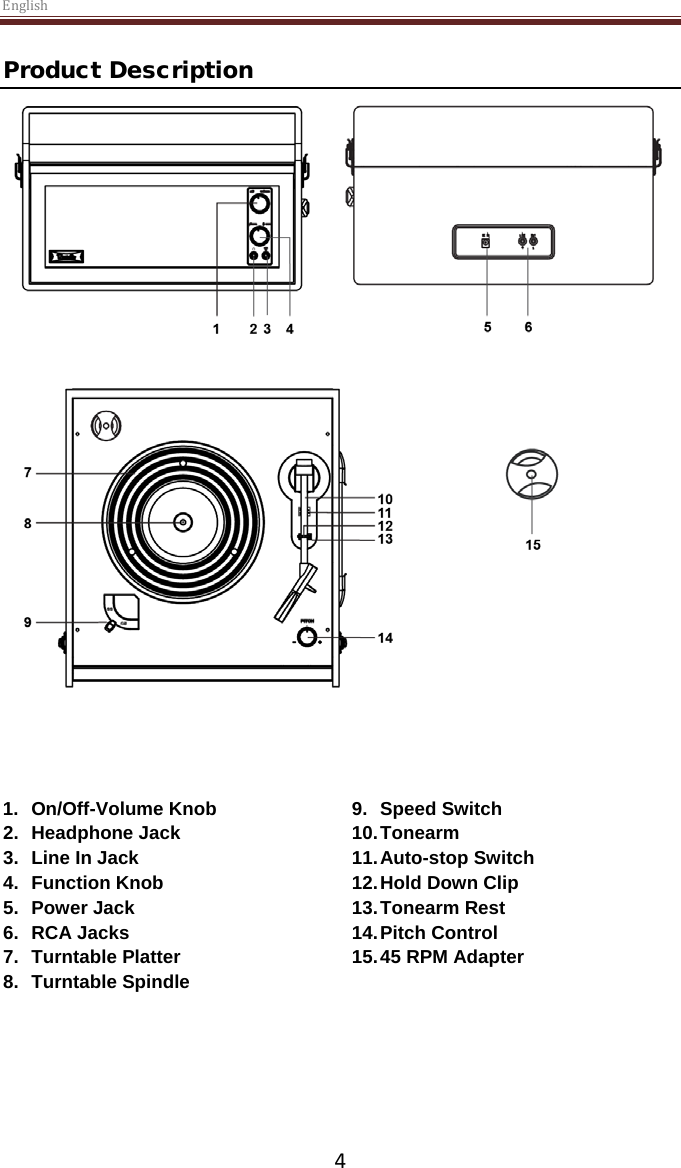 English  4 Product Description      1. On/Off-Volume Knob 2. Headphone Jack 3. Line In Jack 4. Function Knob 5. Power Jack 6. RCA Jacks 7. Turntable Platter 8. Turntable Spindle 9. Speed Switch 10. Tonearm 11. Auto-stop Switch 12. Hold Down Clip 13. Tonearm Rest 14. Pitch Control 15. 45 RPM Adapter     