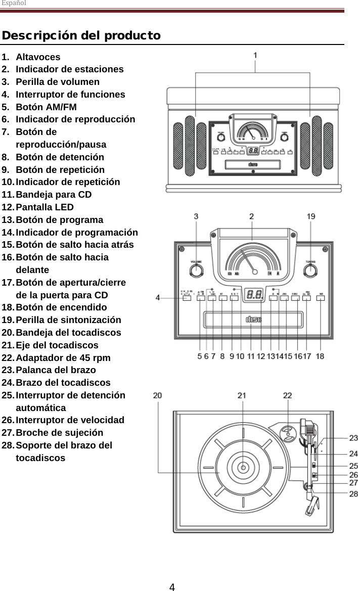 Español  4 Descripción del producto 1. Altavoces 2. Indicador de estaciones 3. Perilla de volumen 4. Interruptor de funciones 5. Botón AM/FM 6. Indicador de reproducción 7. Botón de reproducción/pausa 8. Botón de detención 9. Botón de repetición 10. Indicador de repetición 11. Bandeja para CD 12. Pantalla LED 13. Botón de programa 14. Indicador de programación 15. Botón de salto hacia atrás 16. Botón de salto hacia delante 17. Botón de apertura/cierre de la puerta para CD 18. Botón de encendido 19. Perilla de sintonización 20. Bandeja del tocadiscos 21. Eje del tocadiscos 22. Adaptador de 45 rpm 23. Palanca del brazo 24. Brazo del tocadiscos 25. Interruptor de detención automática 26. Interruptor de velocidad 27. Broche de sujeción 28. Soporte del brazo del tocadiscos    