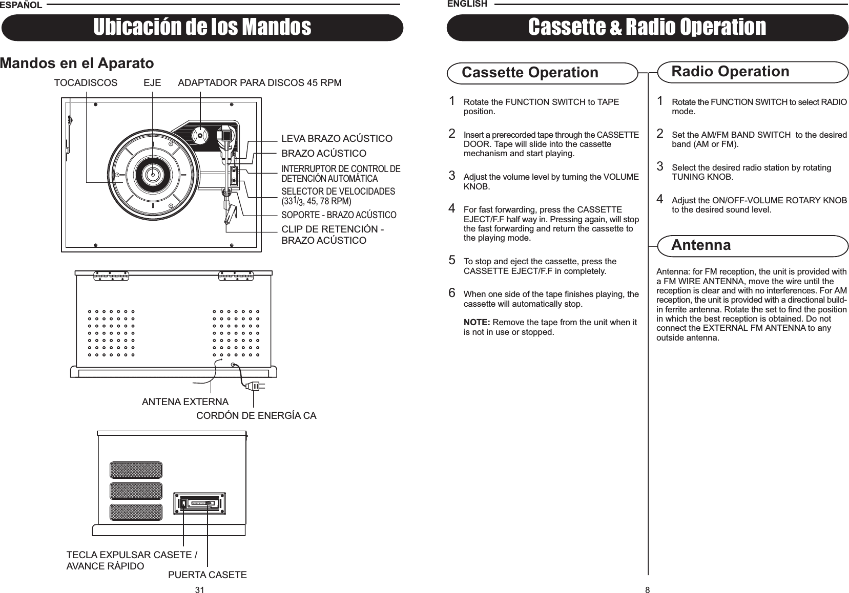 8Radio OperationAntenna: for FM reception, the unit is provided witha FM WIRE ANTENNA, move the wire until thereception is clear and with no interferences. For AMreception, the unit is provided with a directional build-in ferrite antenna. Rotate the set to find the positionin which the best reception is obtained. Do notconnect the EXTERNAL FM ANTENNA to anyoutside antenna.AntennaCassette &amp; Radio OperationCassette Operation1Rotate the FUNCTION SWITCH to select RADIOmode.2Set the AM/FM BAND SWITCH  to the desiredband (AM or FM).3Select the desired radio station by rotating TUNING KNOB.4Adjust the ON/OFF-VOLUME ROTARY KNOBto the desired sound level.1Rotate the FUNCTION SWITCH to TAPE position.2Insert a prerecorded tape through theCASSETTEDOOR. Tape will slide into the cassettemechanism and start playing.3Adjust the volume level by turning the VOLUMEKNOB.4For fast forwarding, press the CASSETTEEJECT/F.F half way in. Pressing again, will stopthe fast forwarding and return the cassette to the playing mode.5To stop and eject the cassette, press theCASSETTE EJECT/F.F in completely.6When one side of the tape finishes playing, thecassette will automatically stop.NOTE: Remove the tape from the unit when itis not in use or stopped.ENGLISH31Ubicación de los MandosMandos en el AparatoESPA OLANTENA EXTERNACORDÓN DE ENERGÍA CATECLA EXPULSAR CASETE /AVANCE RÁPIDO PUERTA CASETEBRAZO ACÚSTICOTOCADISCOS ADAPTADOR PARA DISCOS 45 RPMLEVA BRAZO ACÚSTICOSELECTOR DE VELOCIDADES(331/3, 45, 78 RPM)SOPORTE - BRAZO ACÚSTICOCLIP DE RETENCIÓN -BRAZO ACÚSTICOEJEINTERRUPTOR DE CONTROL DEDETENCIÓN AUTOMÁTICA