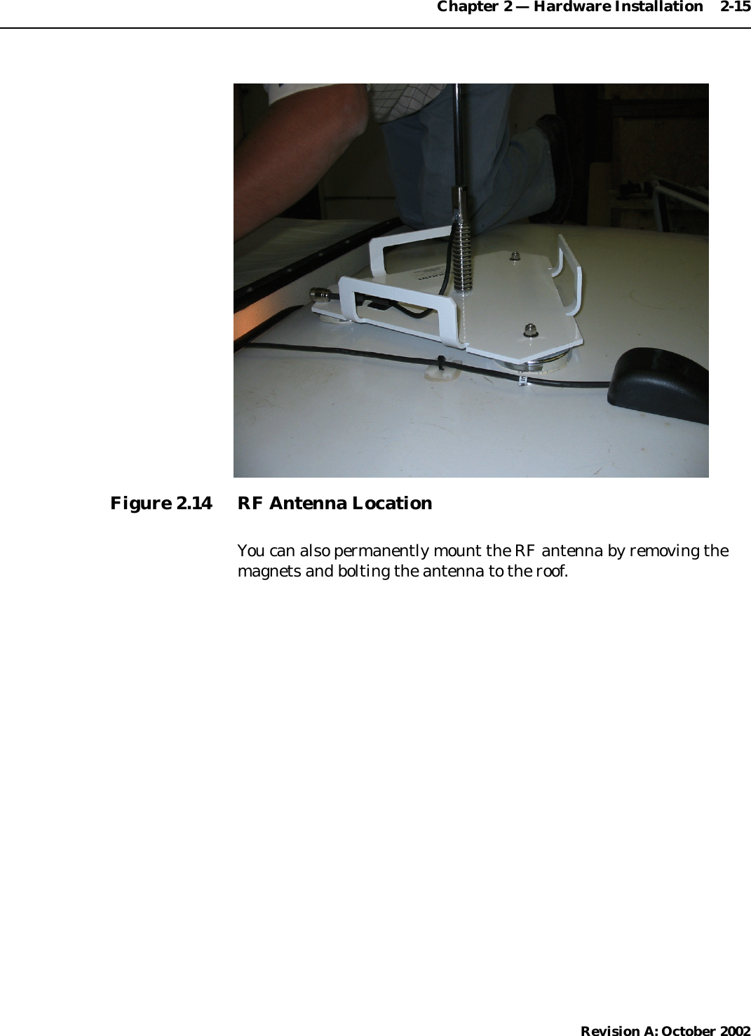 Chapter 2 — Hardware Installation    2-15Revision A: October 2002Figure 2.14 RF Antenna LocationYou can also permanently mount the RF antenna by removing themagnets and bolting the antenna to the roof.