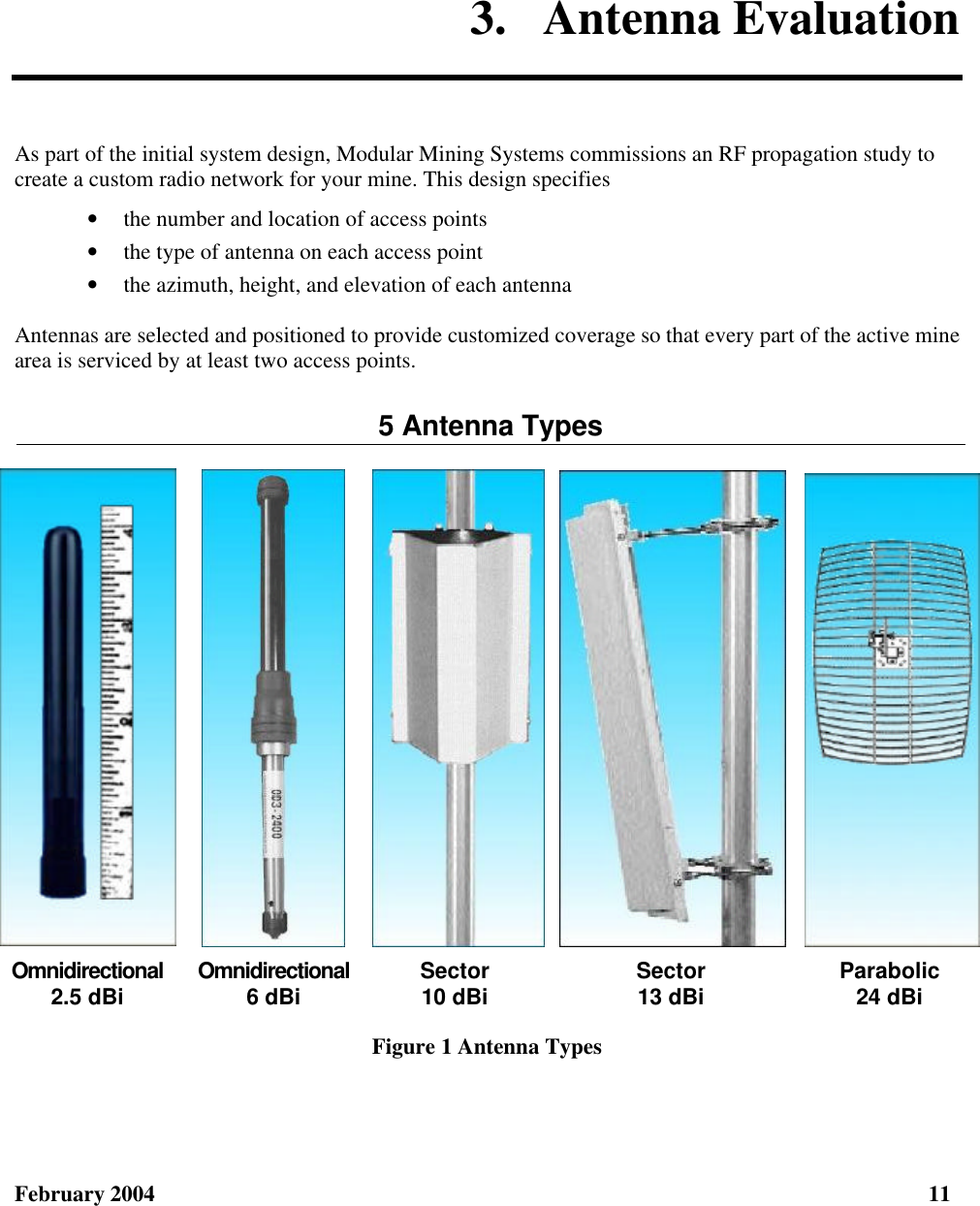  February 2004  11 3.  Antenna Evaluation As part of the initial system design, Modular Mining Systems commissions an RF propagation study to create a custom radio network for your mine. This design specifies • the number and location of access points • the type of antenna on each access point • the azimuth, height, and elevation of each antenna Antennas are selected and positioned to provide customized coverage so that every part of the active mine area is serviced by at least two access points. 5 Antenna Types      Omnidirectional 2.5 dBi Omnidirectional 6 dBi Sector 10 dBi Sector 13 dBi Parabolic 24 dBi Figure 1 Antenna Types 