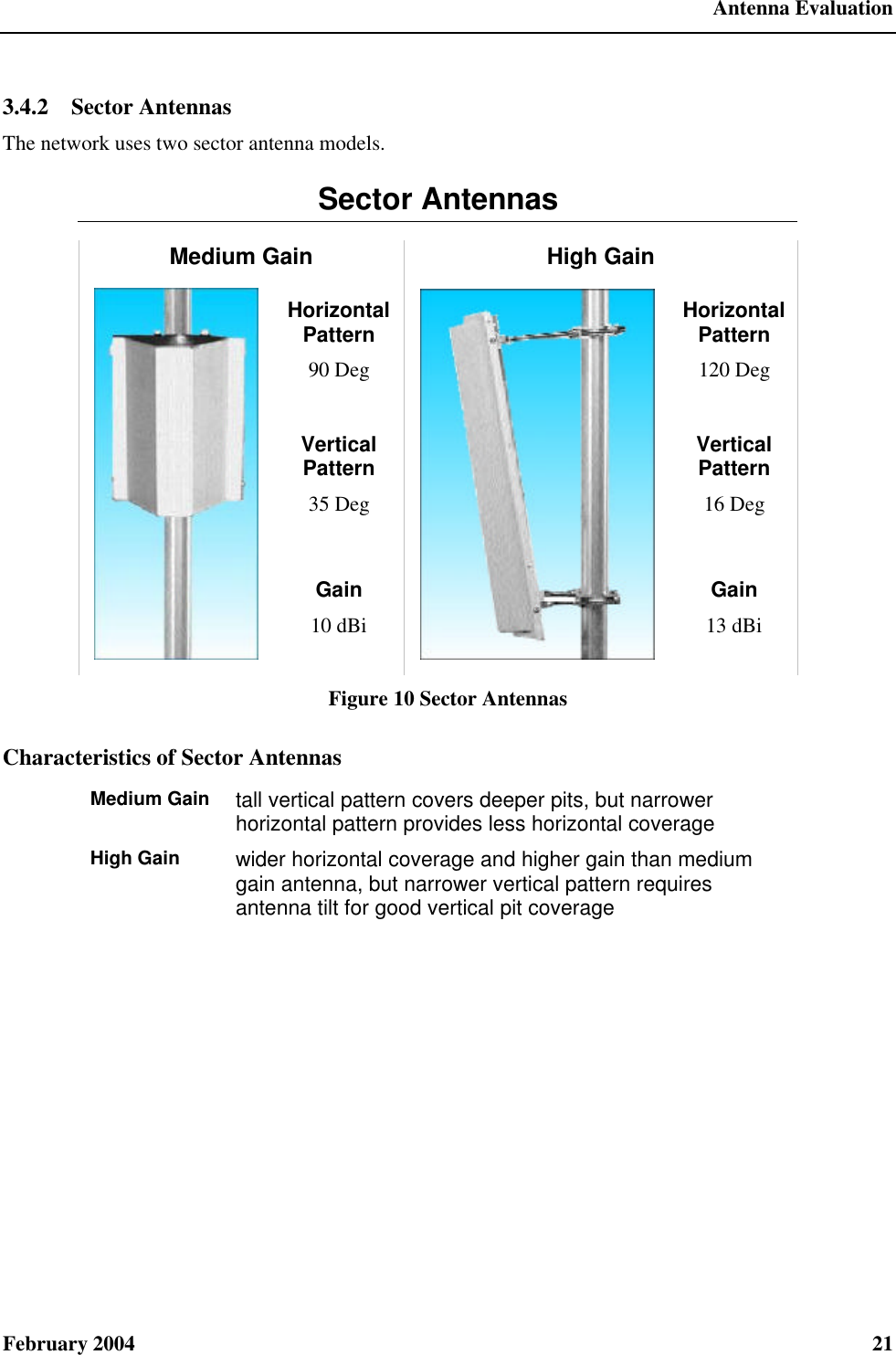  Antenna Evaluation February 2004  21 3.4.2  Sector Antennas The network uses two sector antenna models. Sector Antennas    Medium Gain High Gain Horizontal Pattern 90 Deg Horizontal Pattern 120 Deg Vertical Pattern 35 Deg Vertical Pattern 16 Deg  Gain 10 dBi  Gain 13 dBi Figure 10 Sector Antennas Characteristics of Sector Antennas Medium Gain tall vertical pattern covers deeper pits, but narrower horizontal pattern provides less horizontal coverage High Gain wider horizontal coverage and higher gain than medium gain antenna, but narrower vertical pattern requires antenna tilt for good vertical pit coverage  