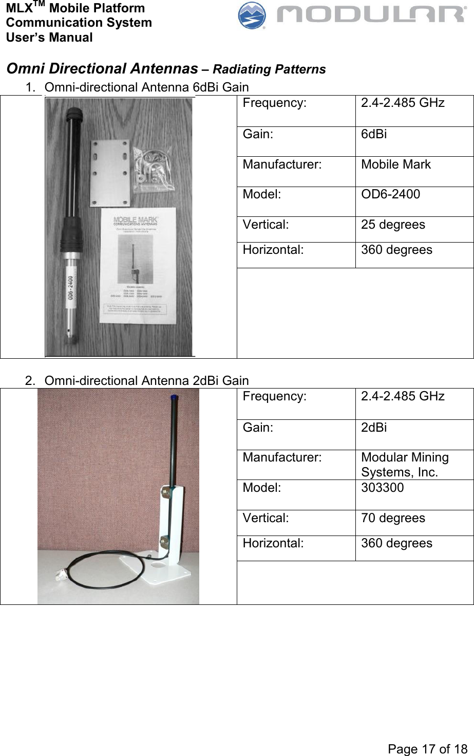 MLXTM Mobile Platform Communication System User’s Manual     Page 17 of 18  Omni Directional Antennas – Radiating Patterns 1.  Omni-directional Antenna 6dBi Gain Frequency:   2.4-2.485 GHz Gain:   6dBi Manufacturer:   Mobile Mark Model:   OD6-2400 Vertical:  25 degrees Horizontal:  360 degrees    2.  Omni-directional Antenna 2dBi Gain Frequency:   2.4-2.485 GHz Gain:   2dBi Manufacturer:   Modular Mining Systems, Inc. Model:   303300 Vertical:  70 degrees Horizontal:  360 degrees    