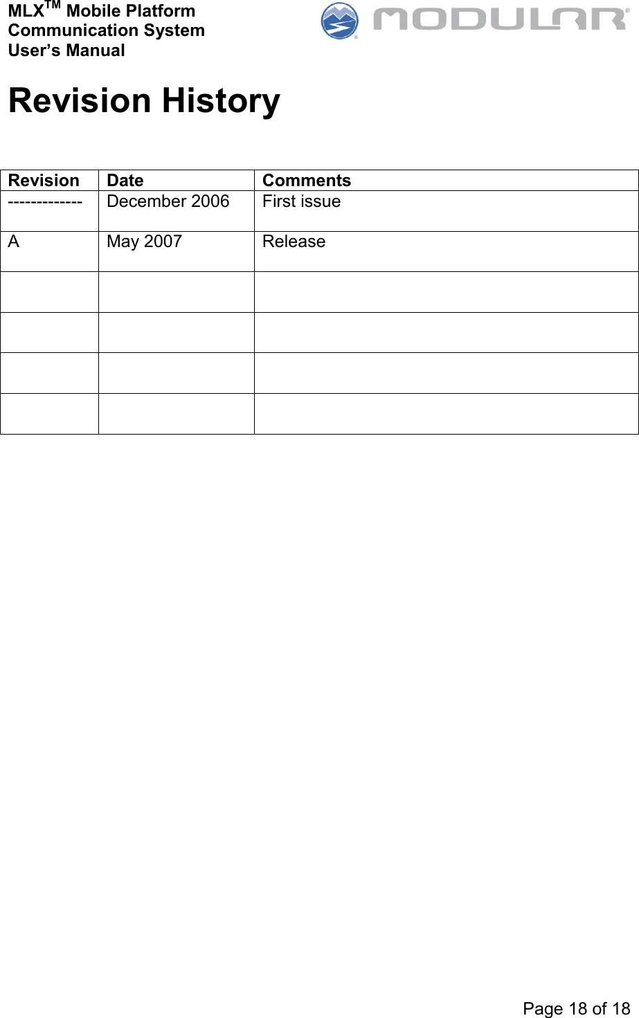 MLXTM Mobile Platform Communication System User’s Manual     Page 18 of 18  Revision History    Revision  Date  Comments -------------  December 2006  First issue  A  May 2007  Release                           