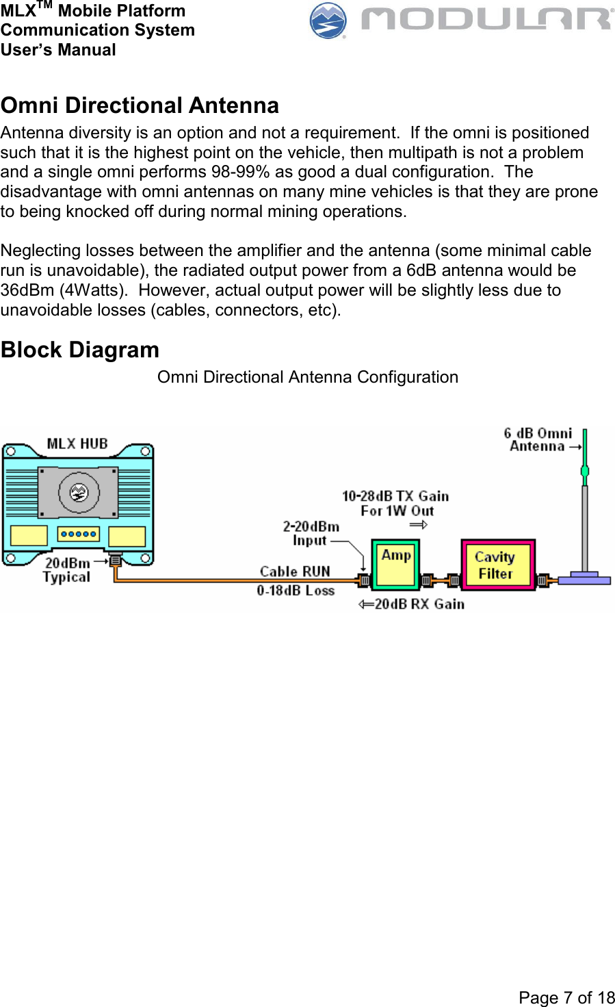 MLXTM Mobile Platform Communication System User’s Manual     Page 7 of 18  Omni Directional Antenna Antenna diversity is an option and not a requirement.  If the omni is positioned such that it is the highest point on the vehicle, then multipath is not a problem and a single omni performs 98-99% as good a dual configuration.  The disadvantage with omni antennas on many mine vehicles is that they are prone to being knocked off during normal mining operations.  Neglecting losses between the amplifier and the antenna (some minimal cable run is unavoidable), the radiated output power from a 6dB antenna would be 36dBm (4Watts).  However, actual output power will be slightly less due to unavoidable losses (cables, connectors, etc). Block Diagram Omni Directional Antenna Configuration    