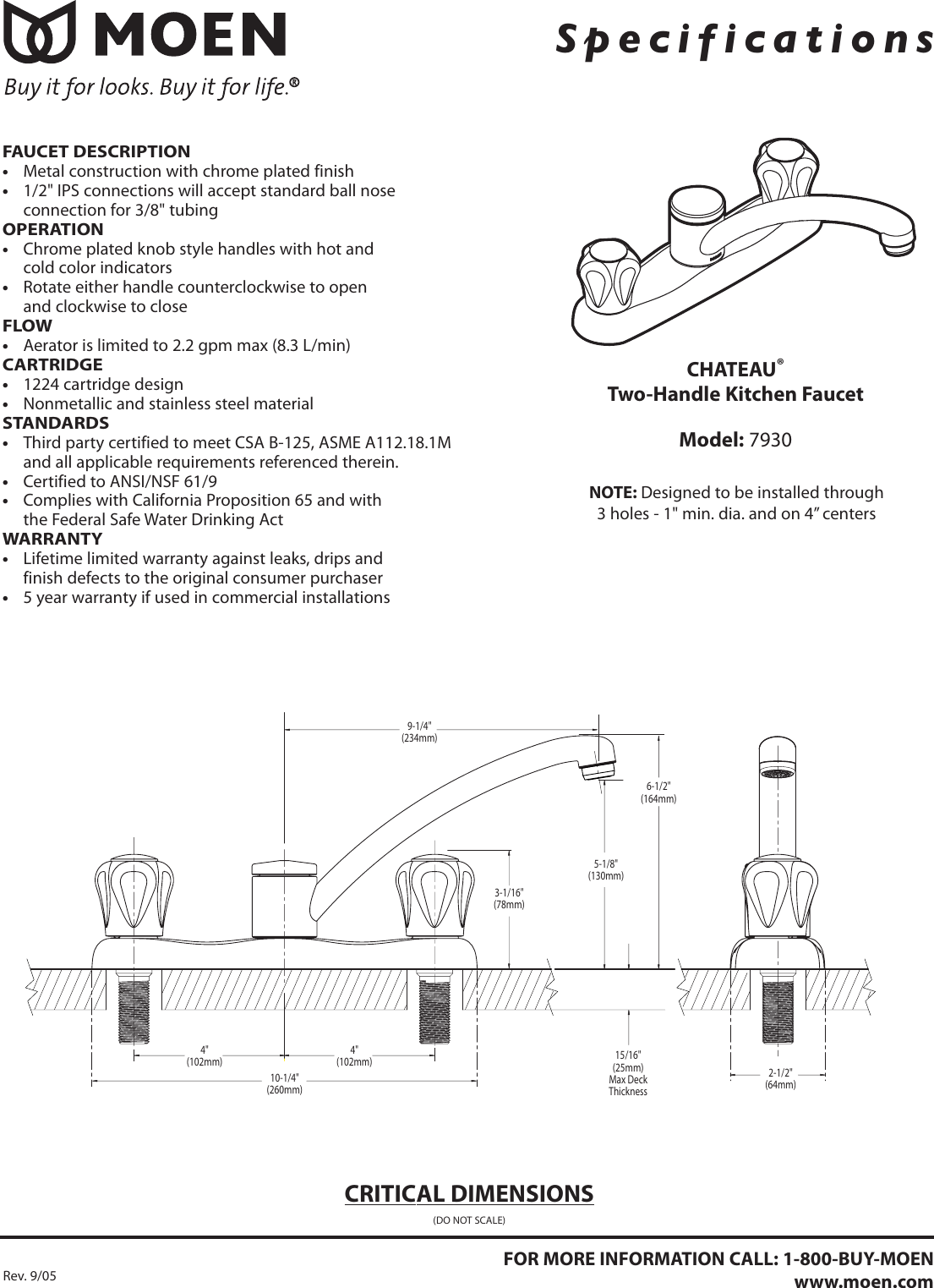 Page 1 of 2 - Moen Moen-Critical-Dimensions-7930-Users-Manual- 7930sp  Moen-critical-dimensions-7930-users-manual