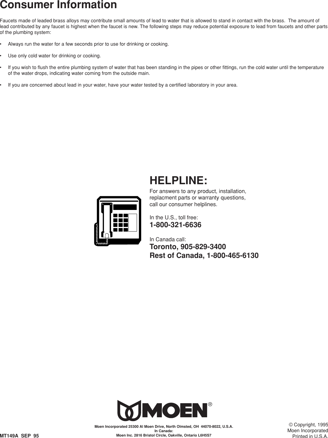 Moen Kitchen Wall Mount Faucets 8713 Users Manual MT149A