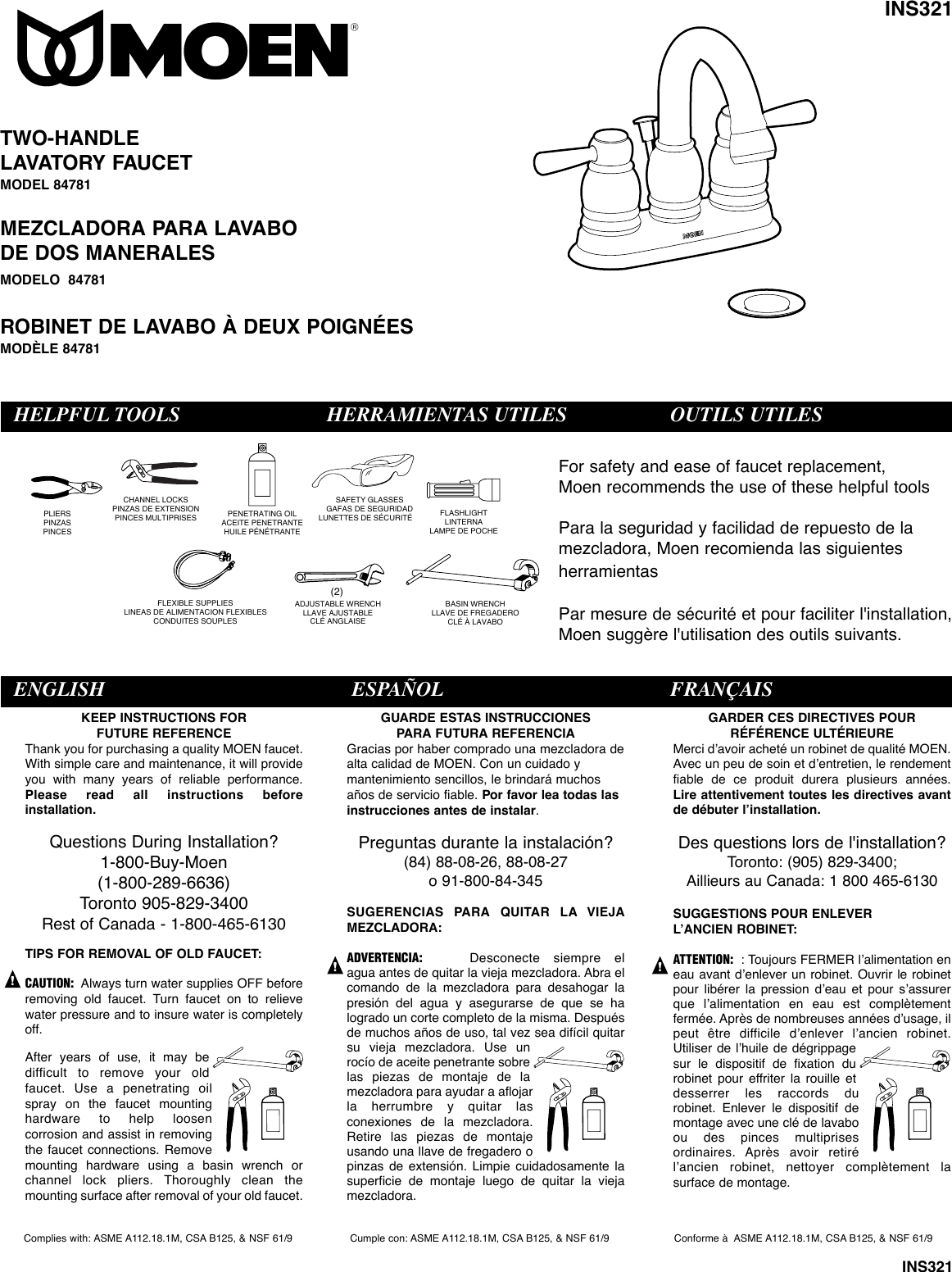 Page 1 of 8 - Moen Moen-Lever-Chrome-84781-Users-Manual- INS321  Moen-lever-chrome-84781-users-manual