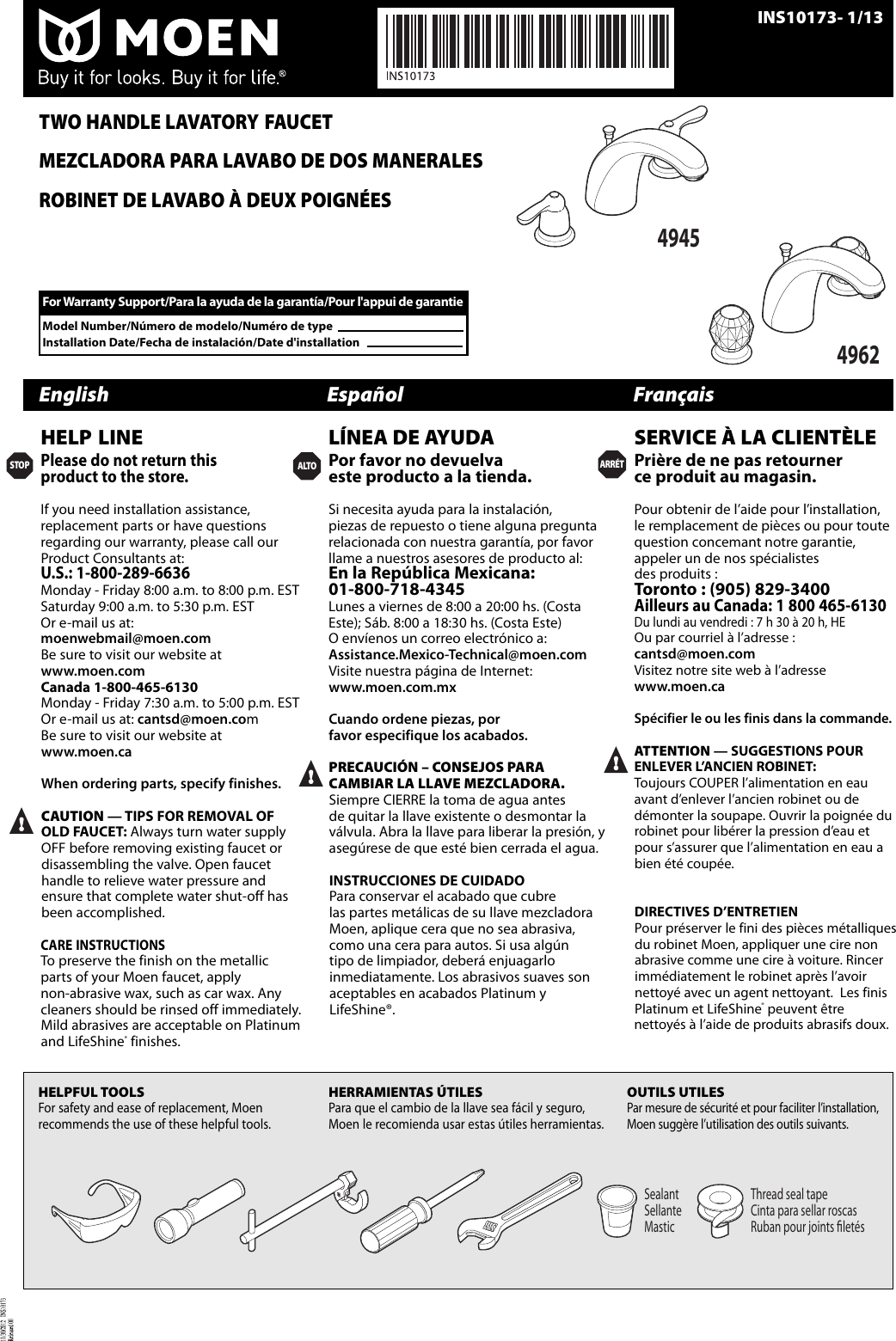 Page 1 of 6 - Moen Moen-Moen-Plumbing-Product-4945-Users-Manual- SPEC  Moen-moen-plumbing-product-4945-users-manual